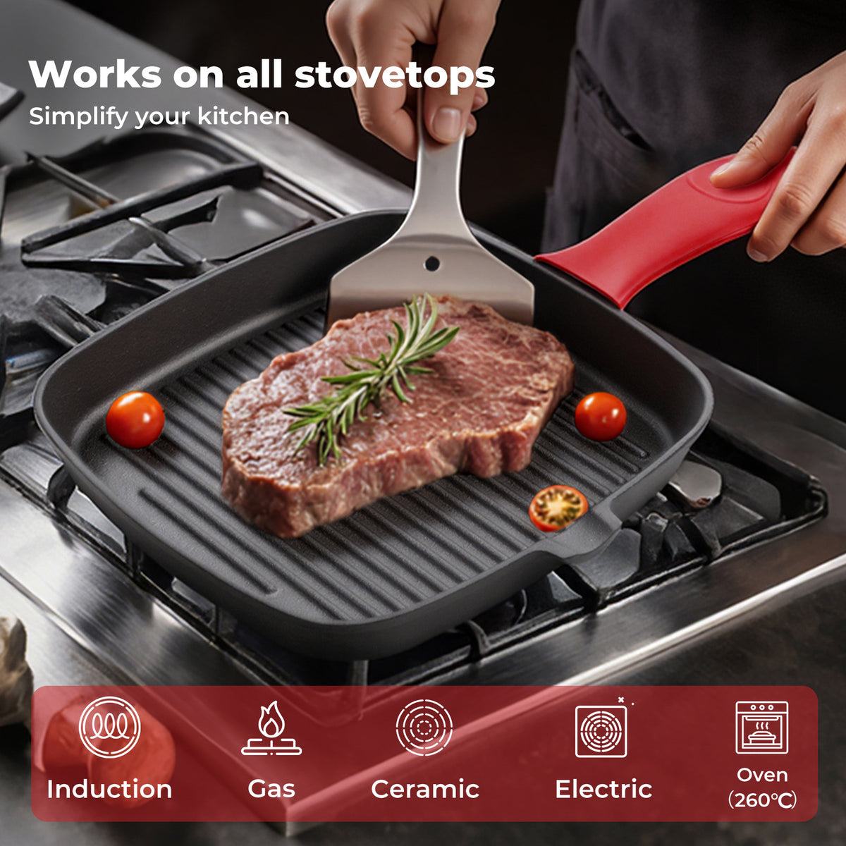 Cast Iron Griddle Grill Pan Square Skillet Bbq Non‑stick Frying Cookware | Red