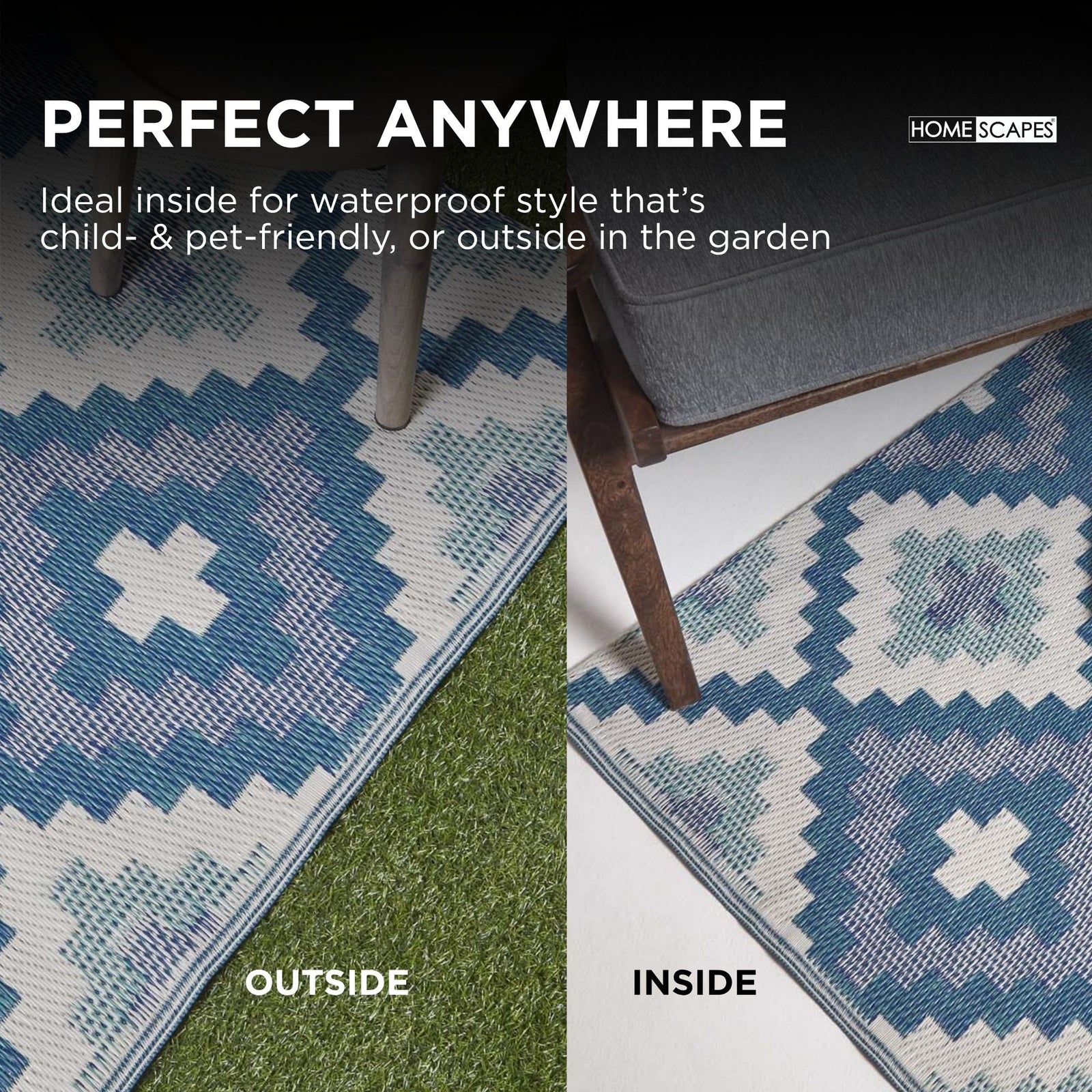 Luxury Outdoor Rug Waterproof Reversible For Garden Patio 100% Recycled, Blue Mia Aztec | 120cm x 180cm | Blue