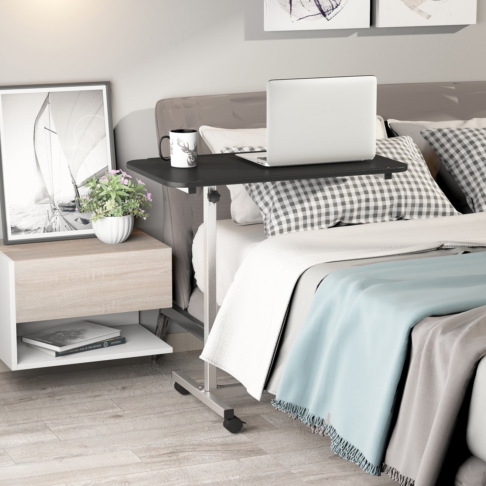 C-shaped Mobile Table Sofa Over Bed Side Nightstand | Black