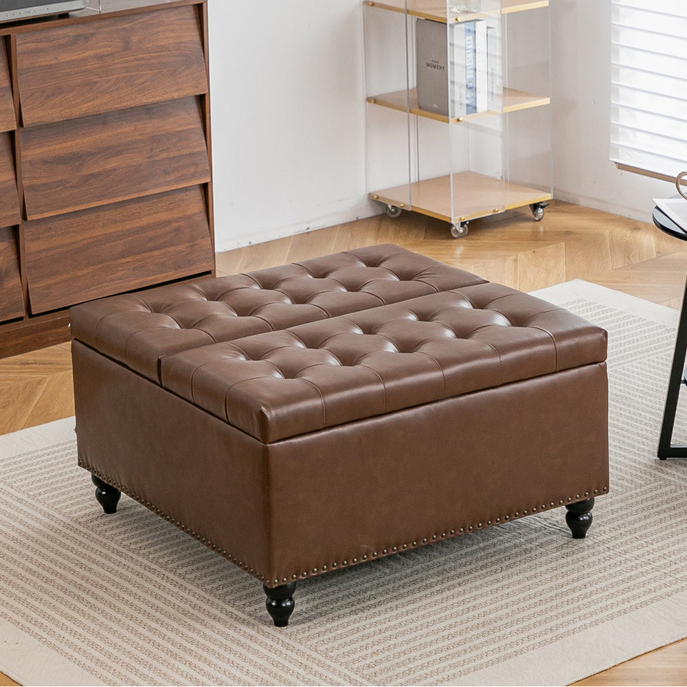 Square Pu Leather Upholstered Storage Ottoman With Lift-top & Flip Design