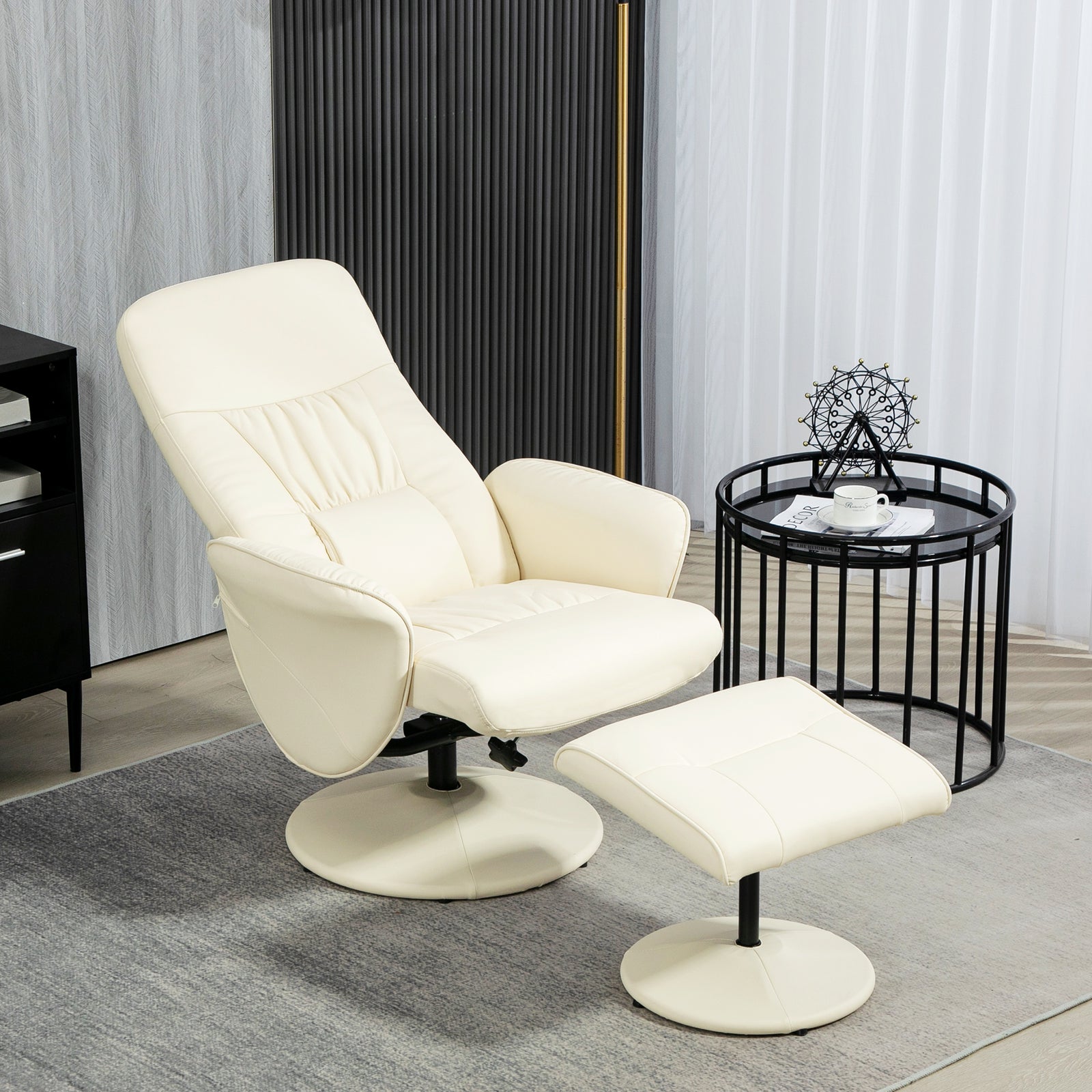 Pu Leather Armchair And Footrest Swivel Recliner W/ Ottoman | One Size | Cream