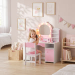 AIYAPLAY Kids Dressing Table With Stool, Lighted Mirror, Pink