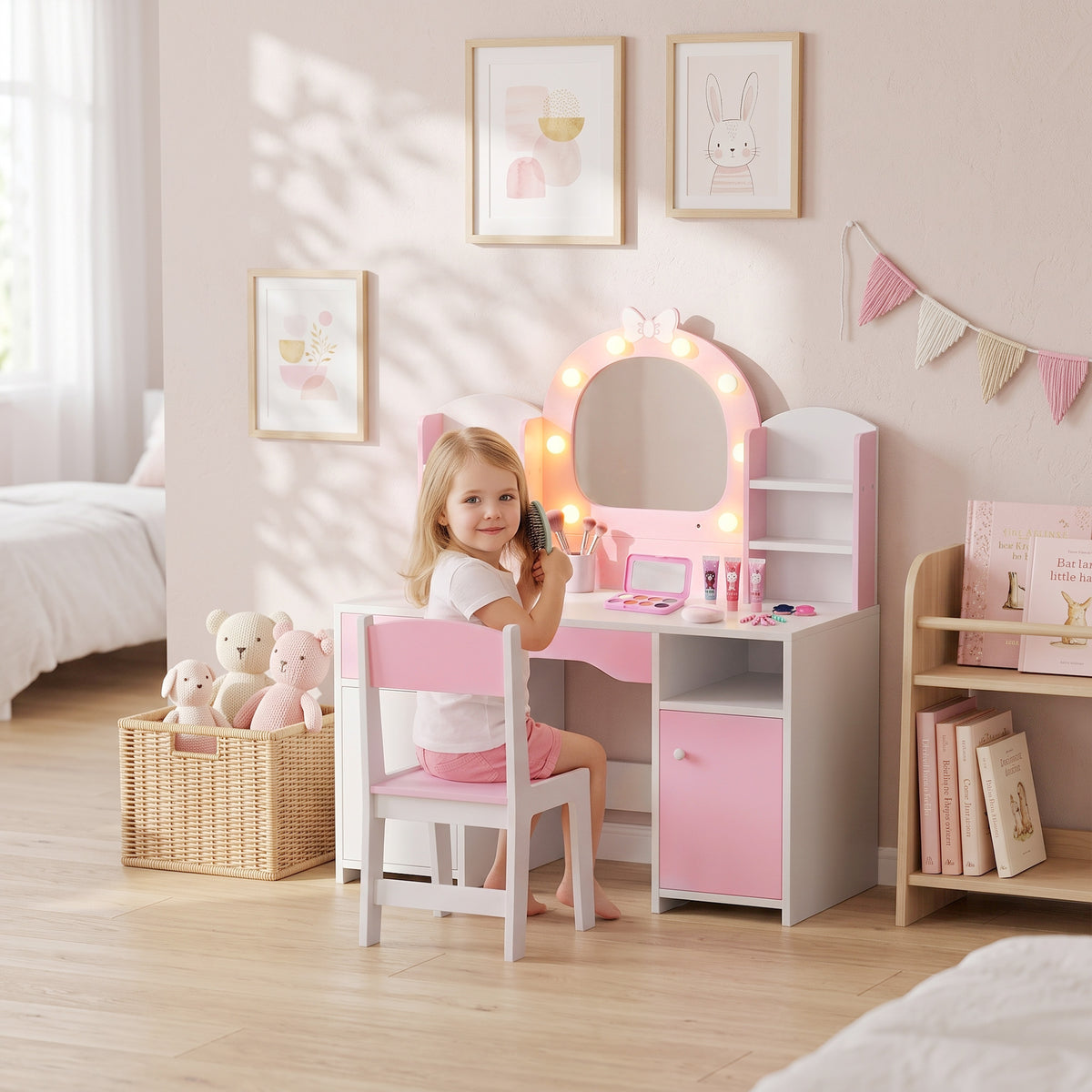 AIYAPLAY Kids Dressing Table With Stool, Lighted Mirror, Pink
