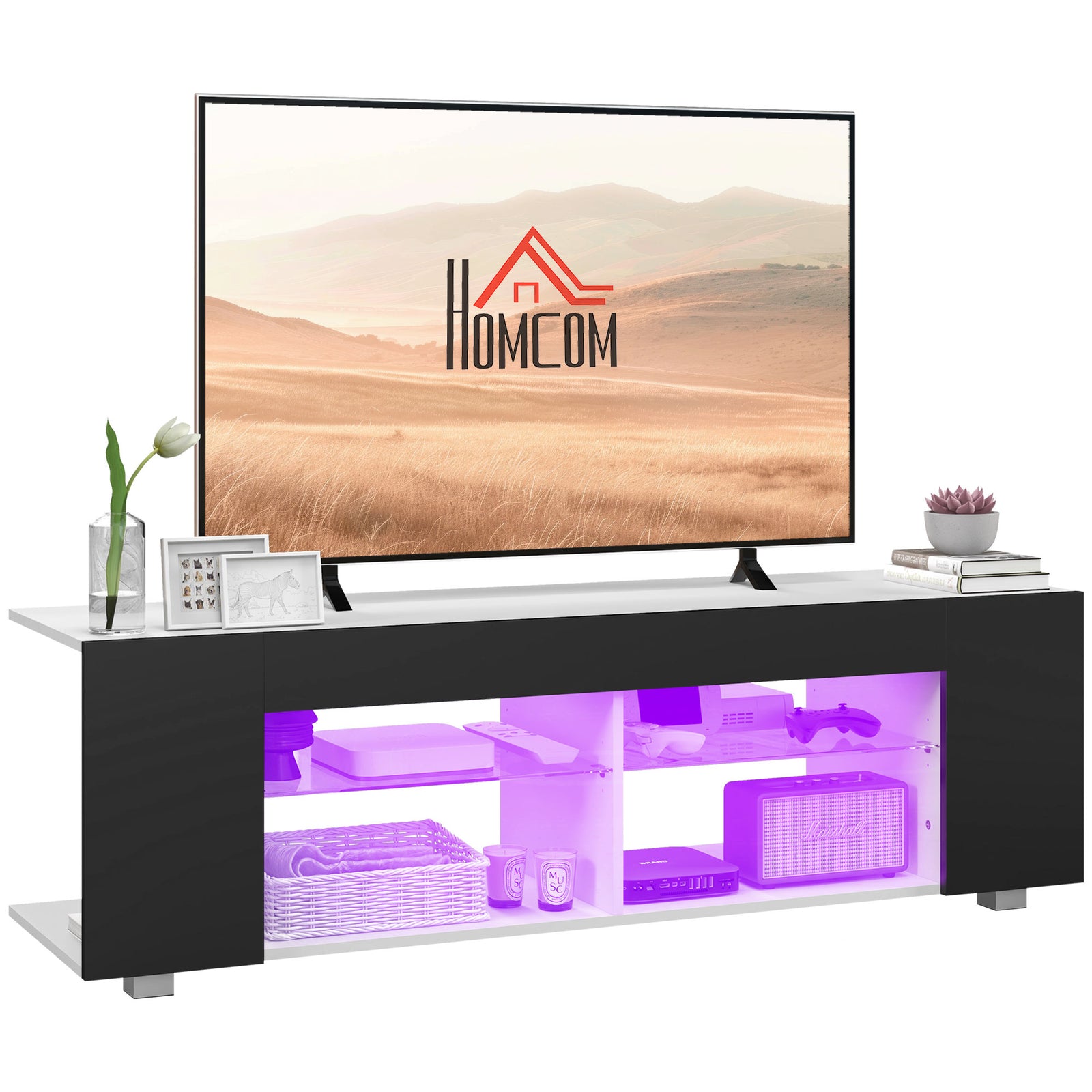 Tv Stand 145cm Glass Shelves Rgb Led | Black