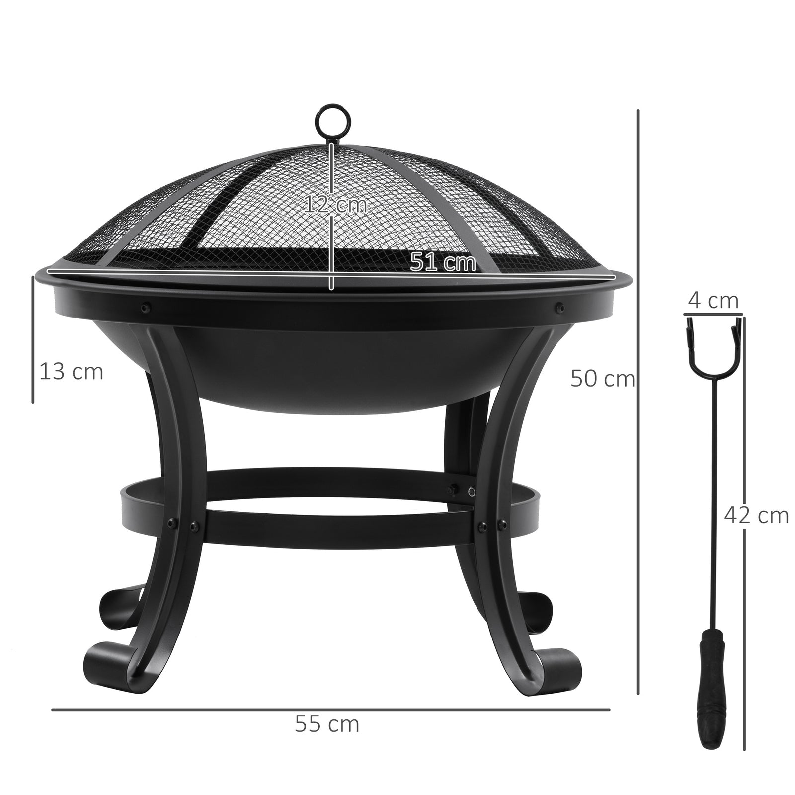 Outsunny Outdoor Fire Pit, Wood Burner With Screen And Poker, Black