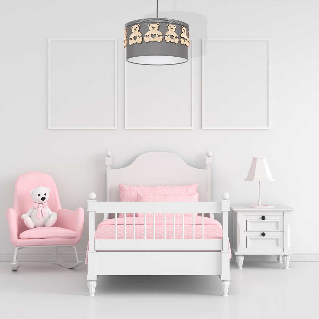 Mis Grey Pendant Lamp 1xe27 Beautifully Hand Made From Contemporary Grey Fabric With Natural Wooden Teddybears