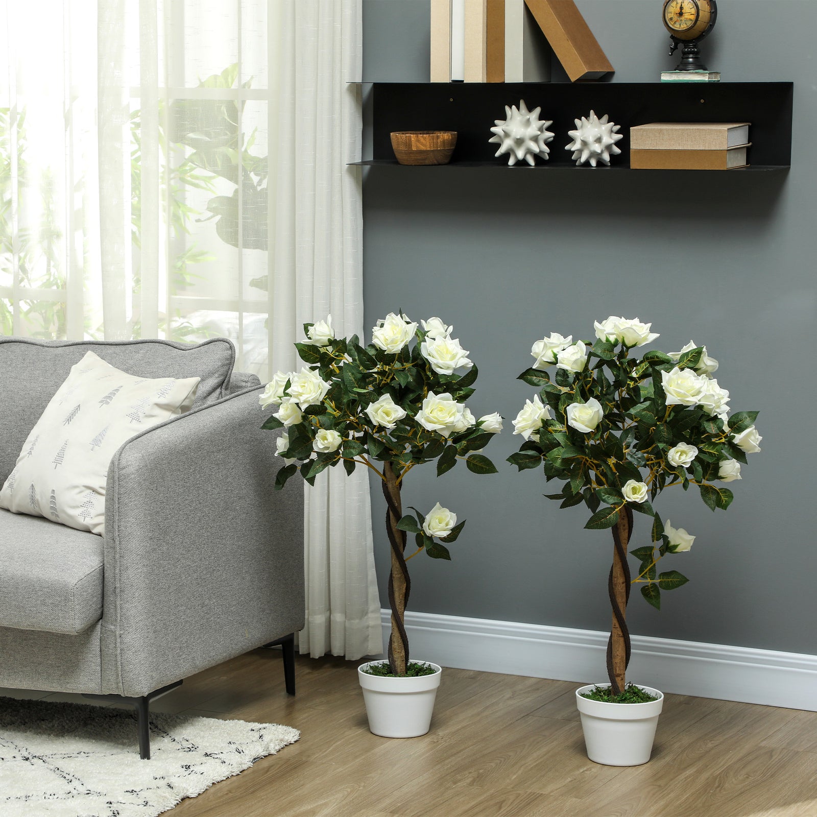 90cm Artificial Rose Tree Fake Decorative Plant | Set of 2 | White