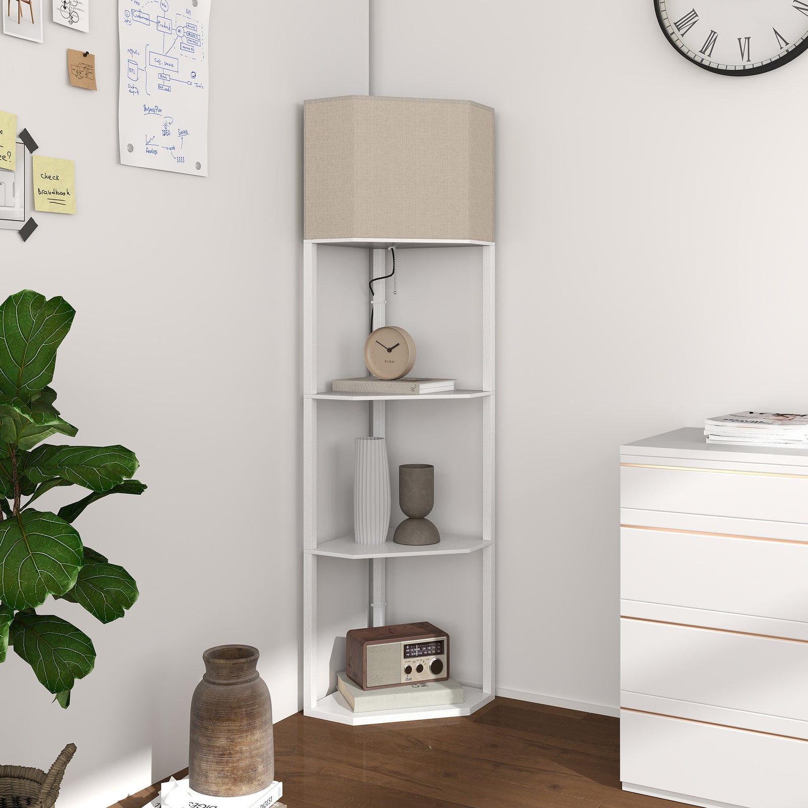 Corner Modern Floor Lamp With Shelves For Living Room | One Size | White