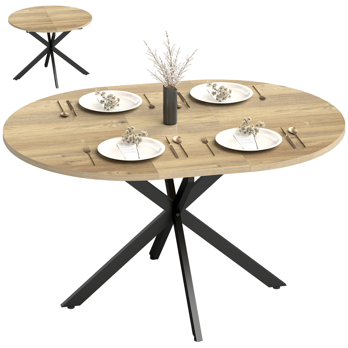 HOMCOM Extendable Dining Table For 4-6 With X-shape Base, Natural Wood