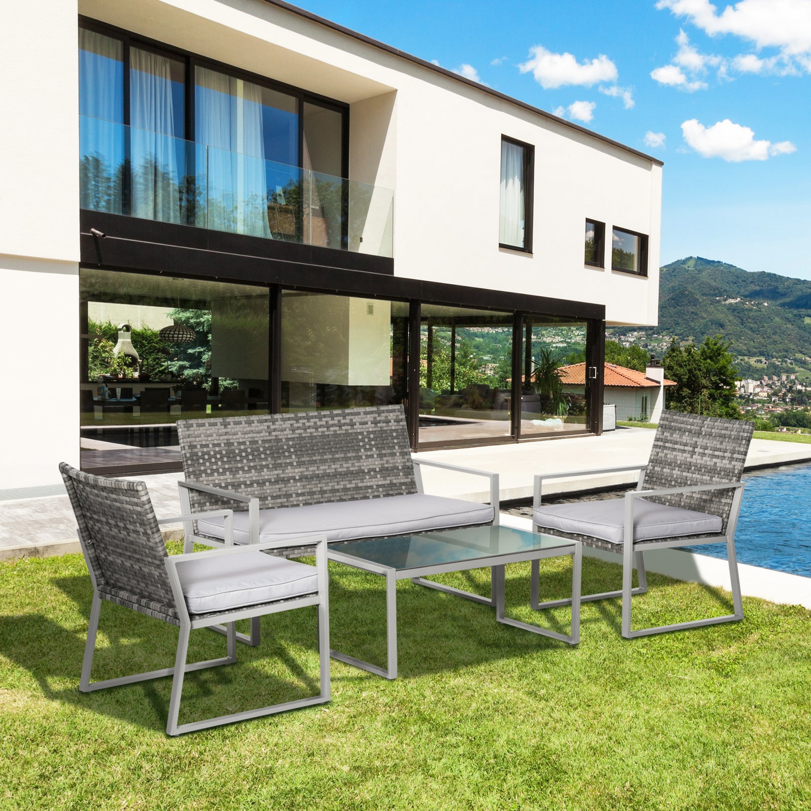 4pcs Outdoor Pe Rattan Wicker Lounge Set