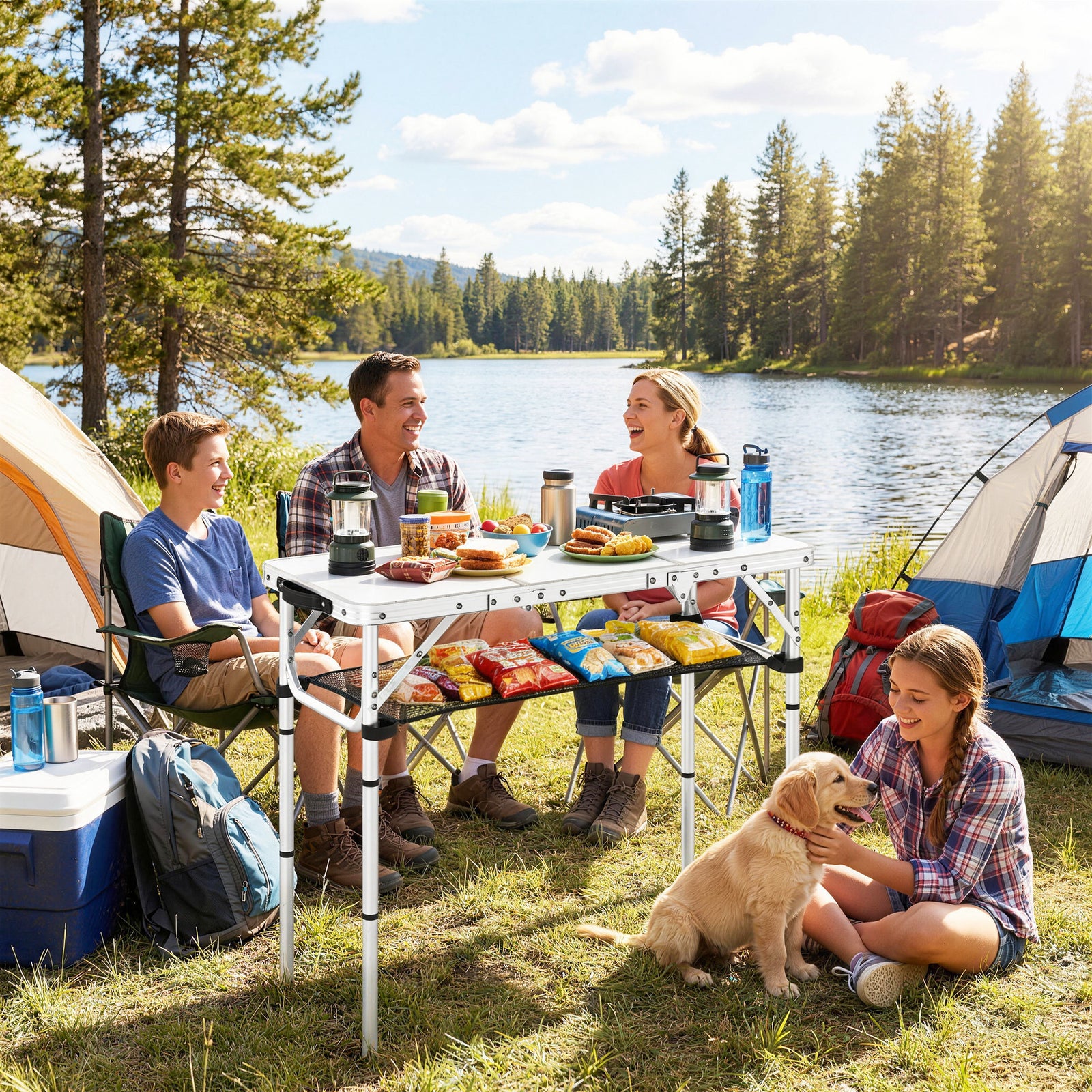 3ft Folding Camping Table, Picnic Table With Storage Layer | Cream