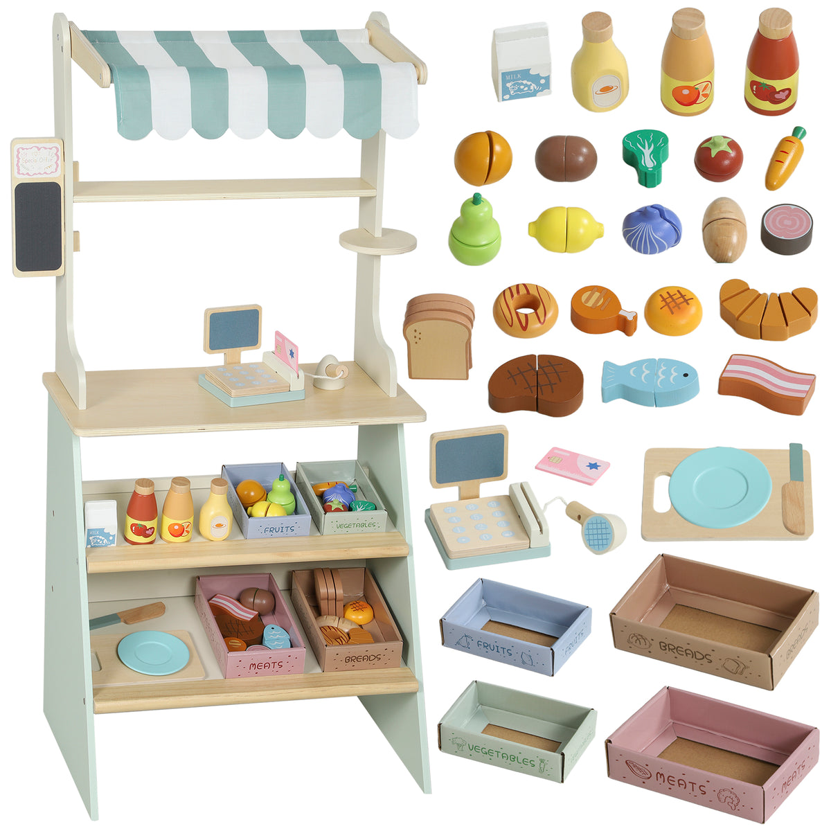 AIYAPLAY Wooden Toy Shop, Supermarket Role Play With 34 Accessories, Green