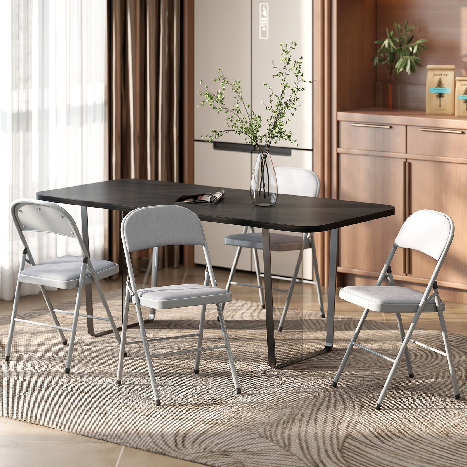 HOMCOM Folding Chairs Set Of 4, Foldable Chairs With Cushions, Light Grey