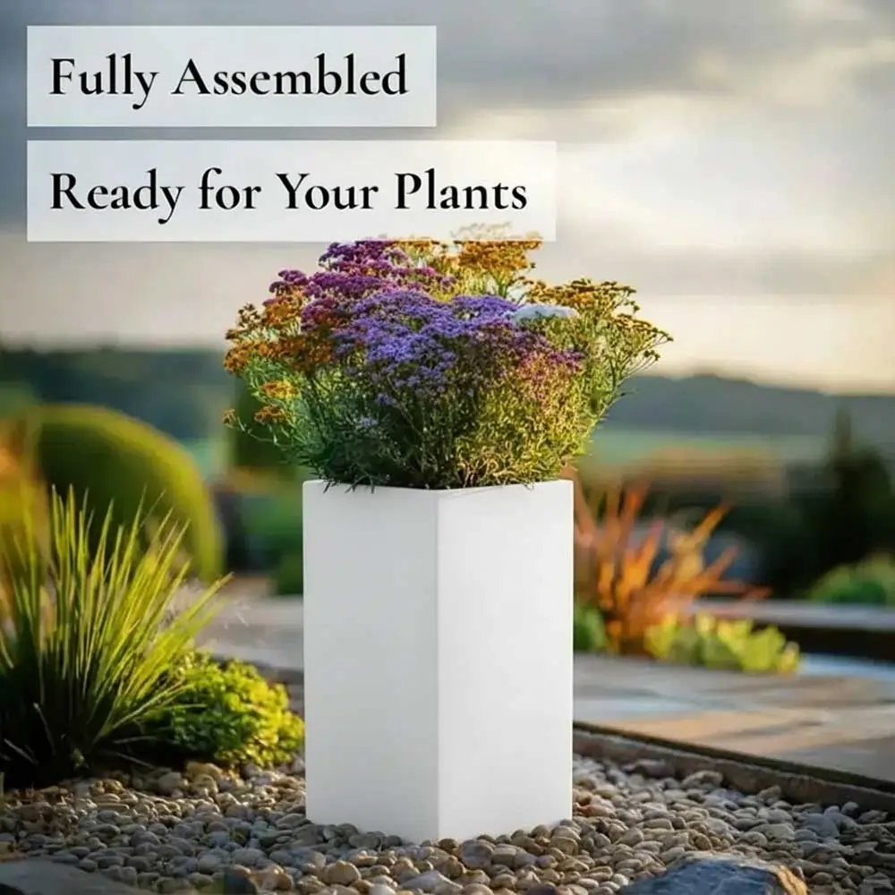 Zinc Galvanised Tall Square Planter | 25cm x 25cm x 50cm | White