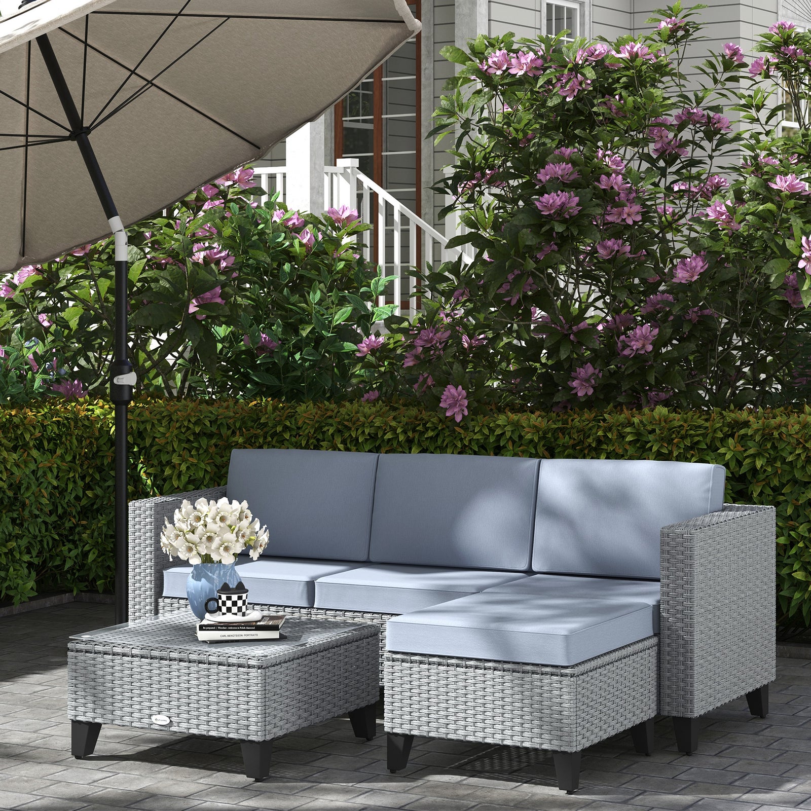 Rattan Garden Furniture Set W/ Corner Sofa, Table, Cushion | Gray