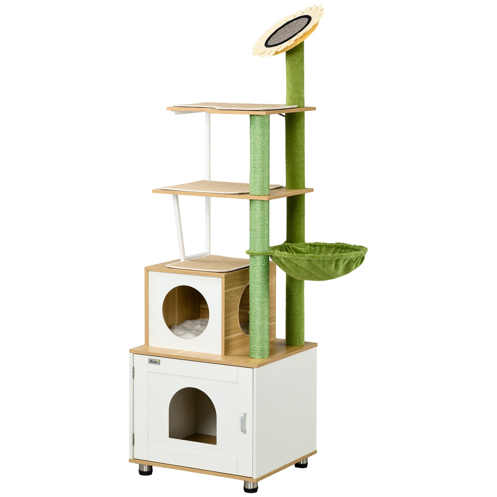 Cat Tree W/ Litter Box, Scratching Post, Cat House, Hammock - Oak Tone