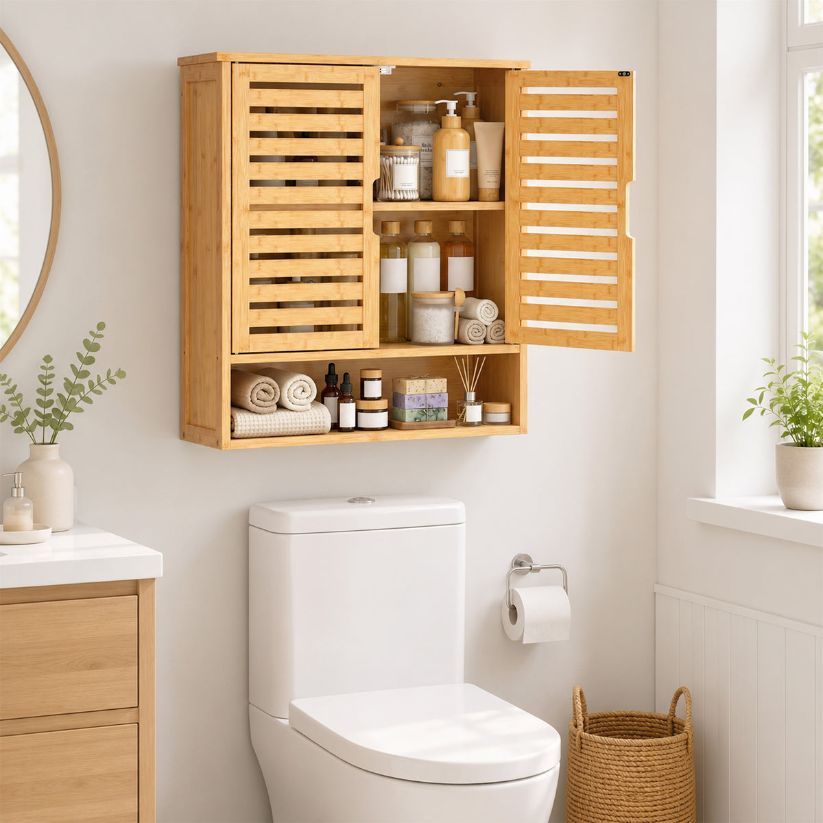 HOMCOM Wall Mounted Bathroom Cabinet With 2 Louvered Doors, Open Shelf