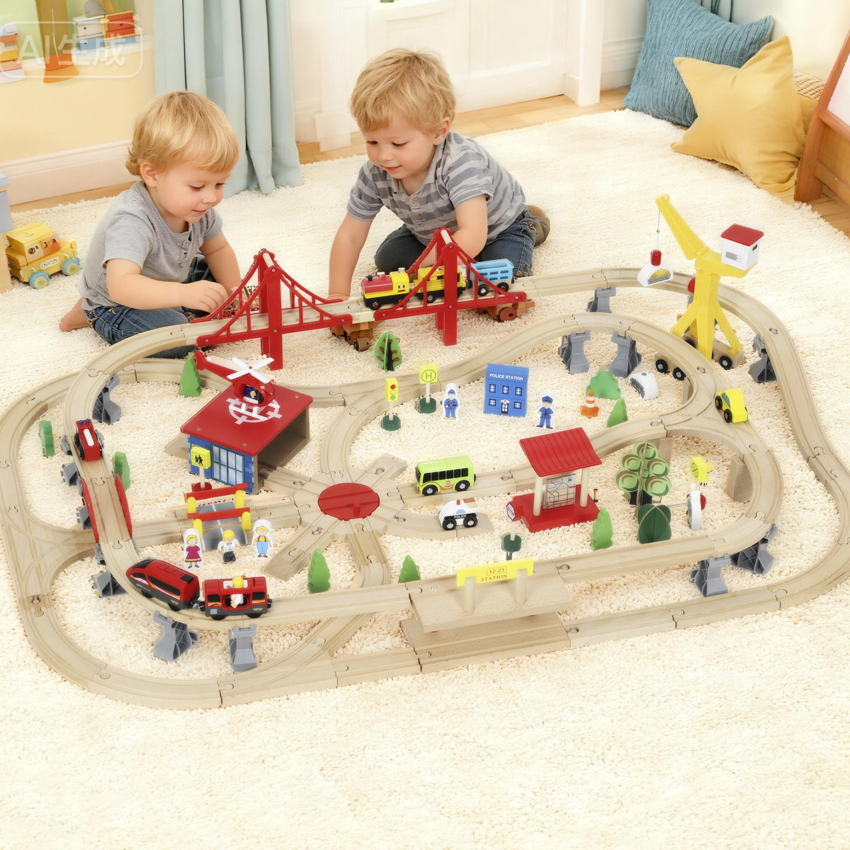 AIYAPLAY 133 Piece Wooden Train Set, Toy Train Set With Crane For 3+ Years