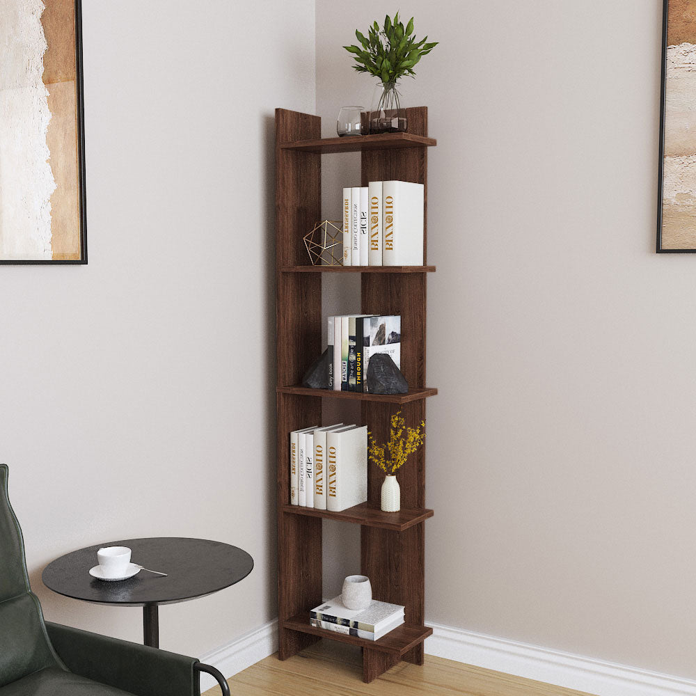 Modern 5-tier Corner Bookshelf Shelf Unit | Walnut
