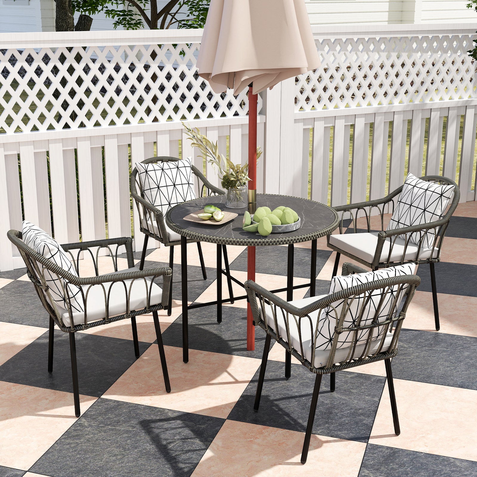 5 Piece Patio Rattan Dining Set, Removable Cushions | Gray