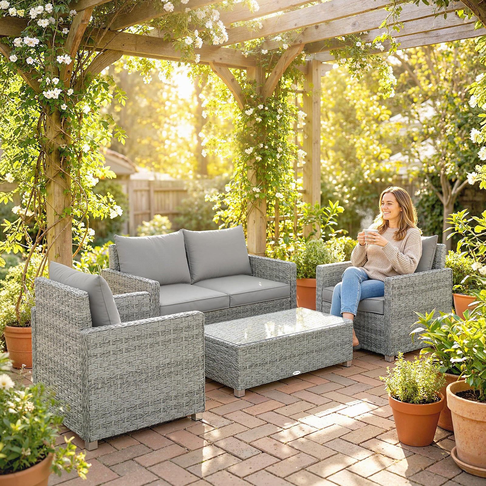 4 Seater Rattan Garden Furniture Set With Cushions, Grey