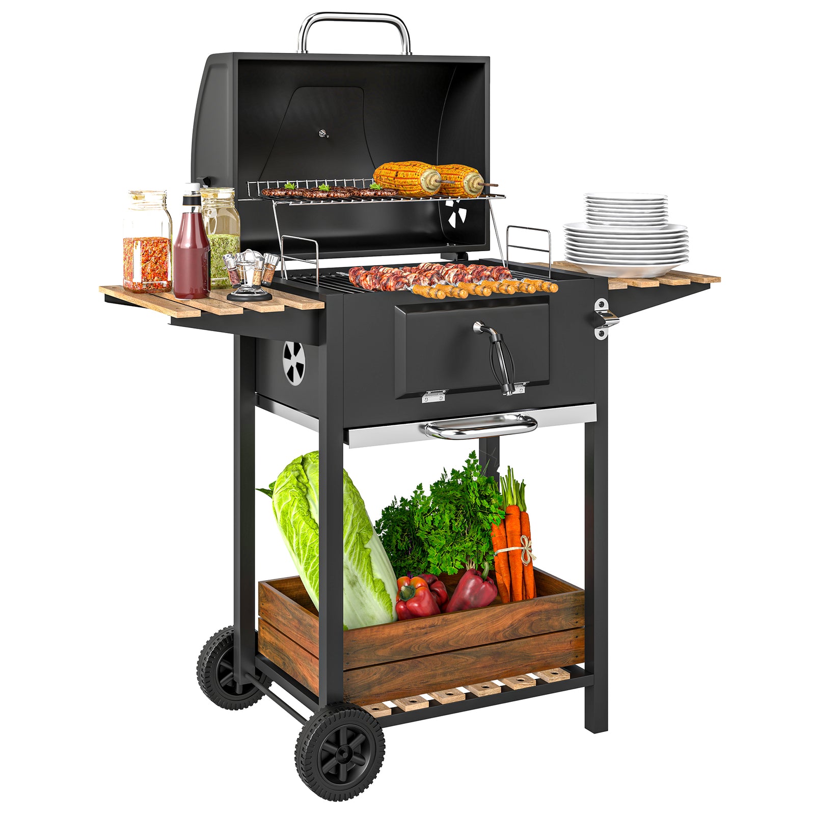 Outsunny Charcoal Bbq Grill W/ Warming Rack 3 Shelves Temperature