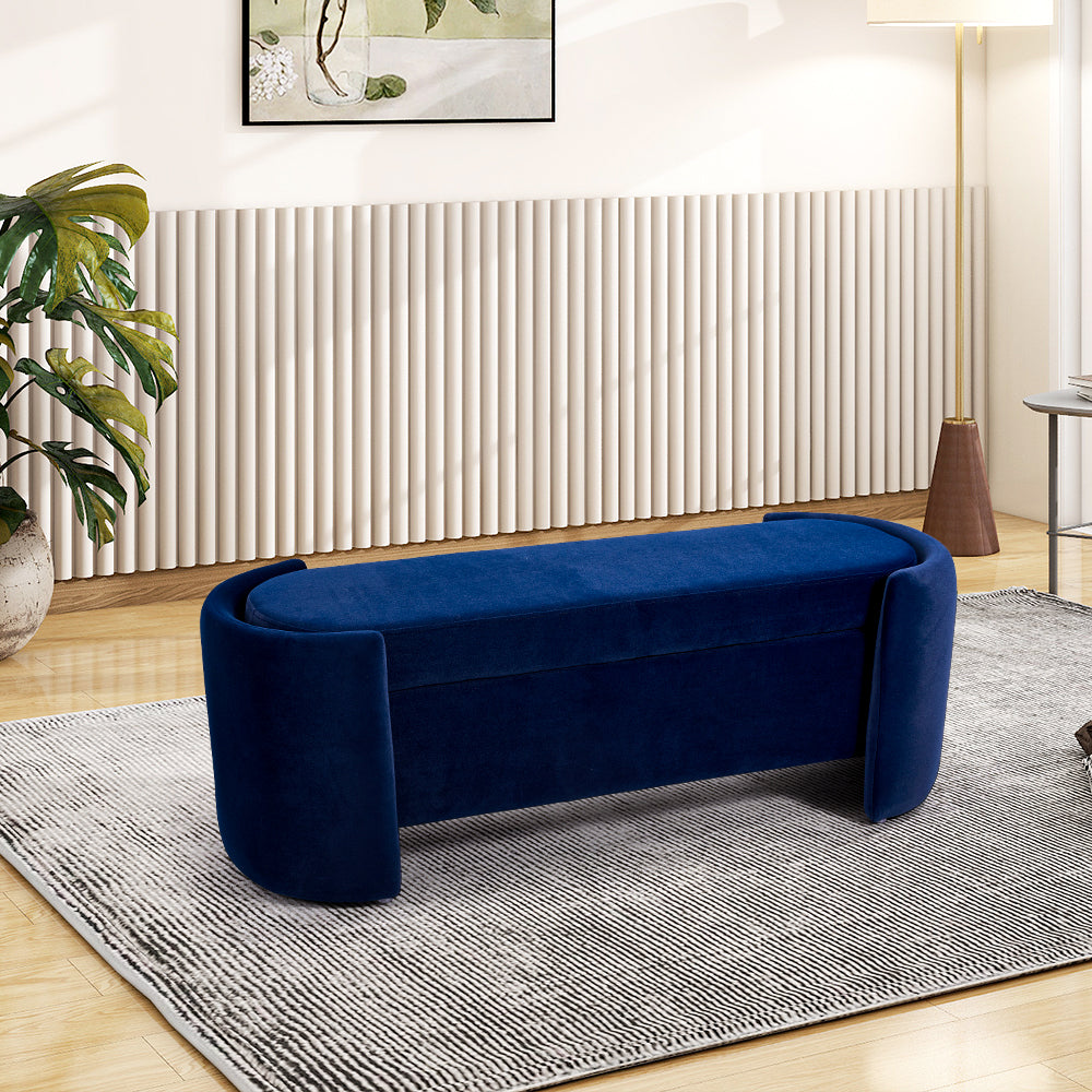 Chenille Upholstered Storage Bench With Arc-shaped Sides, 125cm Wide Ottoman Seat With Hidden Compartment For Living Room Or Bedroom | Blue