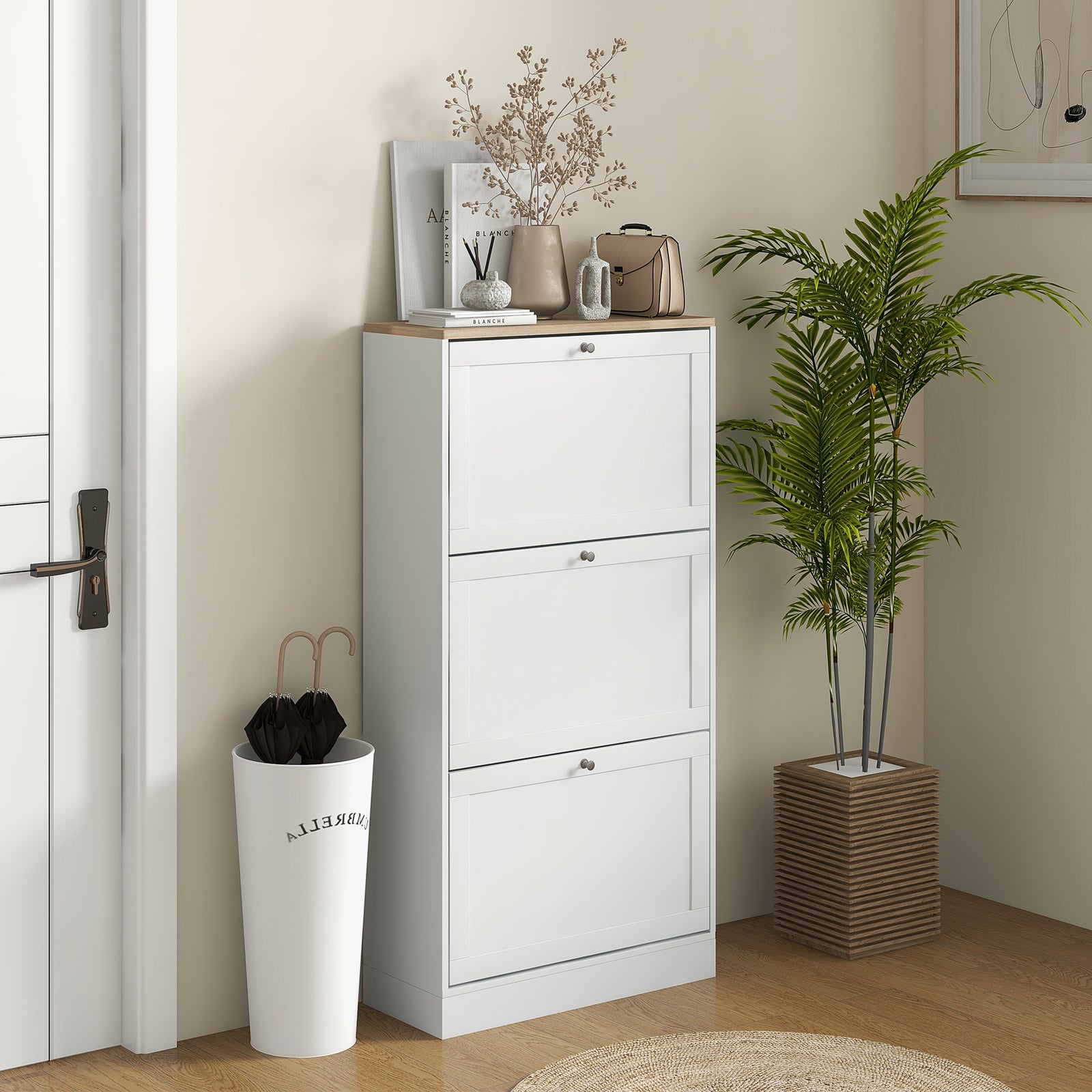 Narrow Shoe Cabinet With 3 Flip Drawers For 18 Pairs