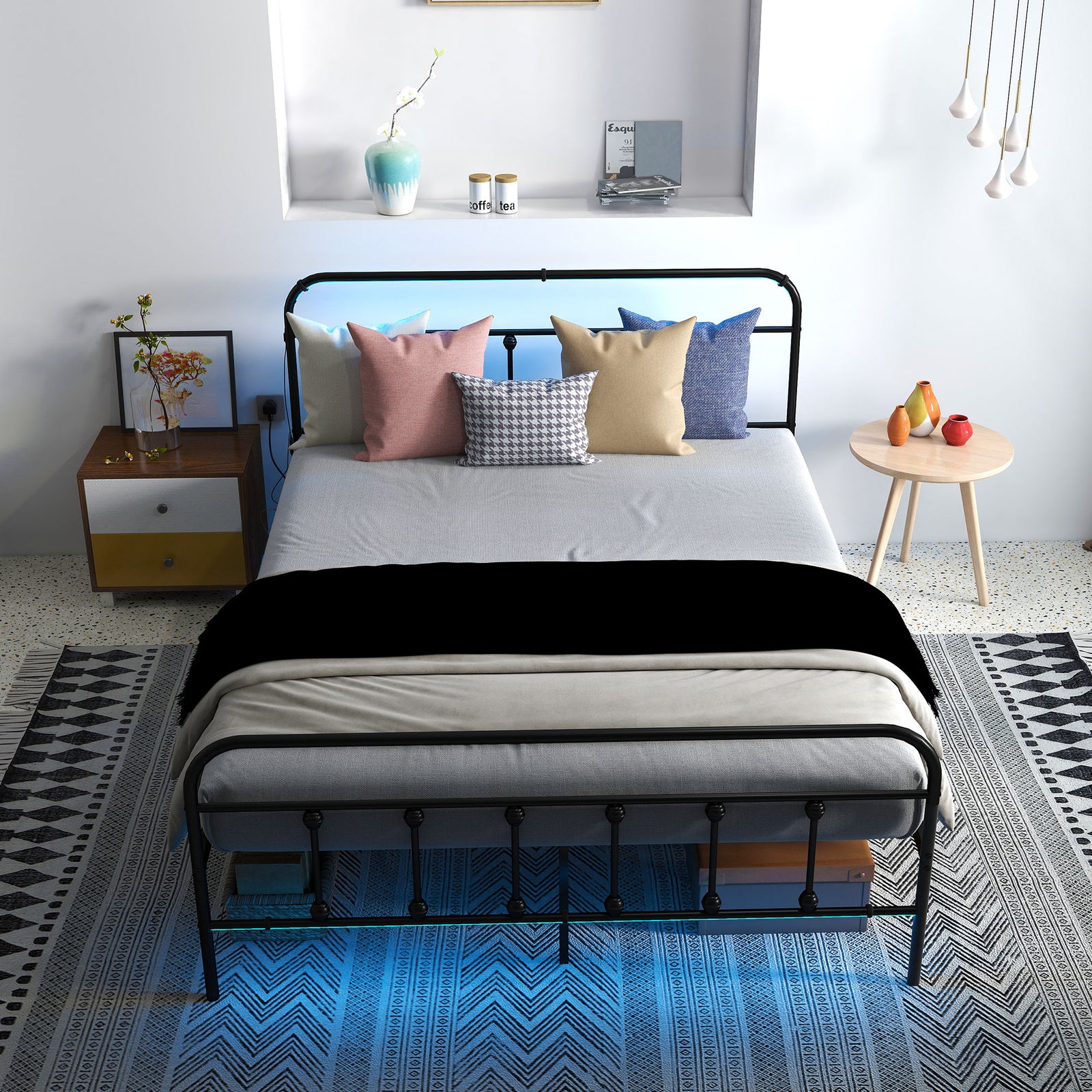 Bed Frame With Led Lights And Charging Station | Double | Black