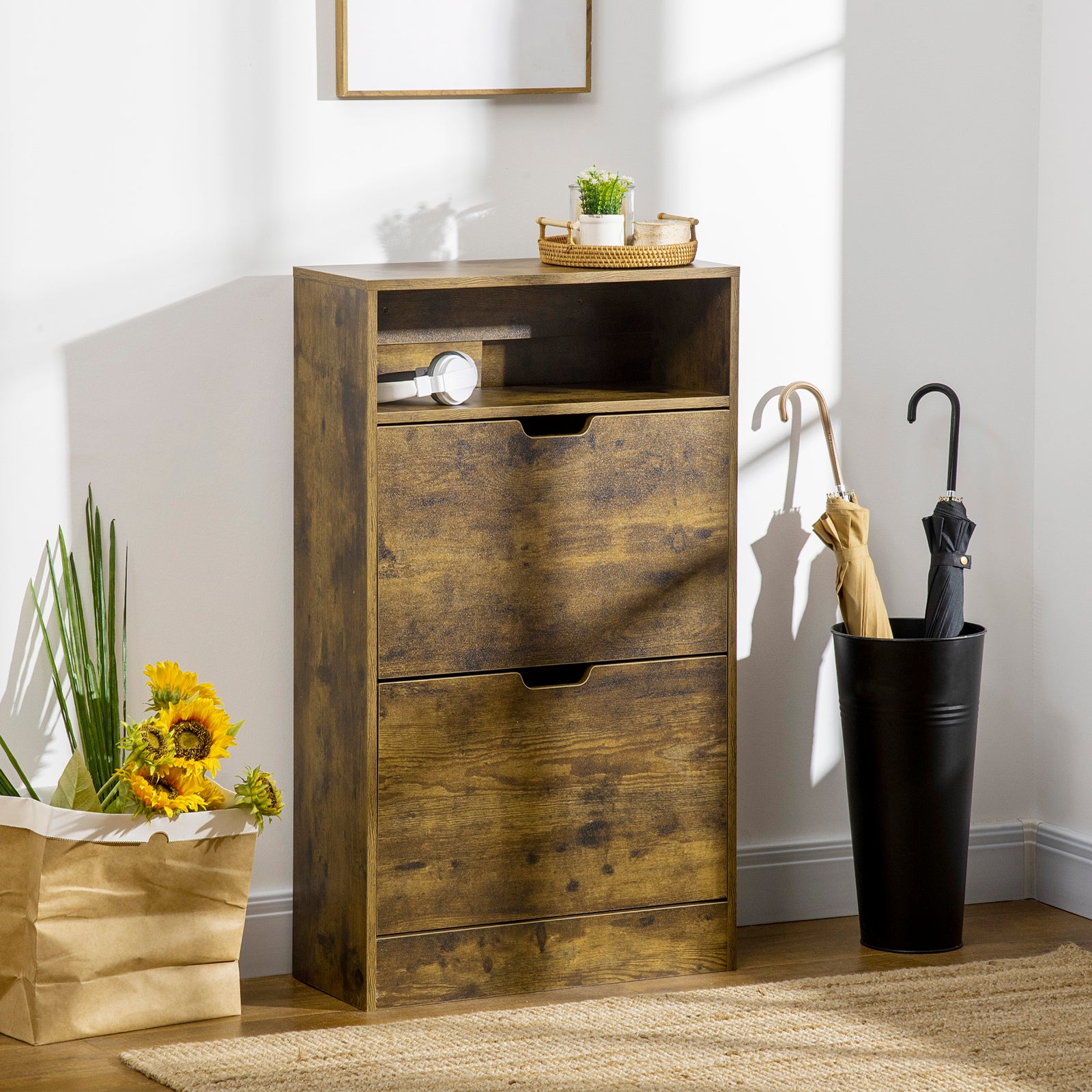 Rustic 2 Flip Door Shoe Cabinet With Adjustable Divider