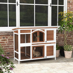 Two-tier Wooden Rabbit Hutch W/ Openable Roof, Slide-out Tray, Ramp | Brown