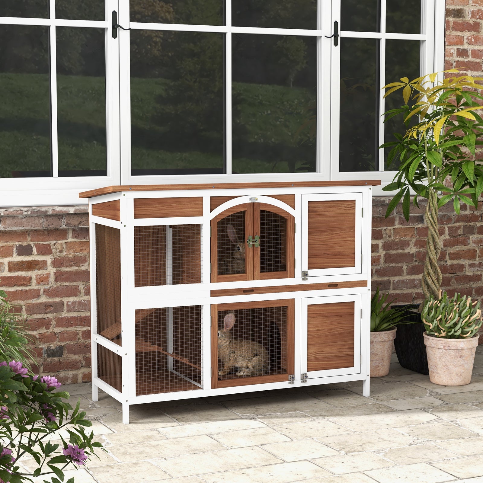 Two-tier Wooden Rabbit Hutch W/ Openable Roof, Slide-out Tray, Ramp | Brown