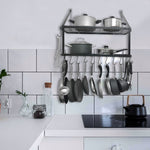 Wall-mounted 2 Tiers Pan Rack Pot Holders Storage With 10 Hooks Black