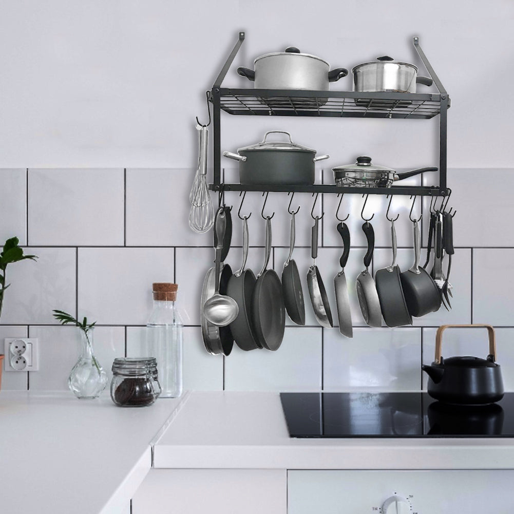 Wall-mounted 2 Tiers Pan Rack Pot Holders Storage With 10 Hooks Black