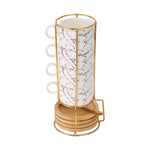 Set Of 4 Ceramic Coffee Cups With Saucers, Spoons & Metal Stand | White