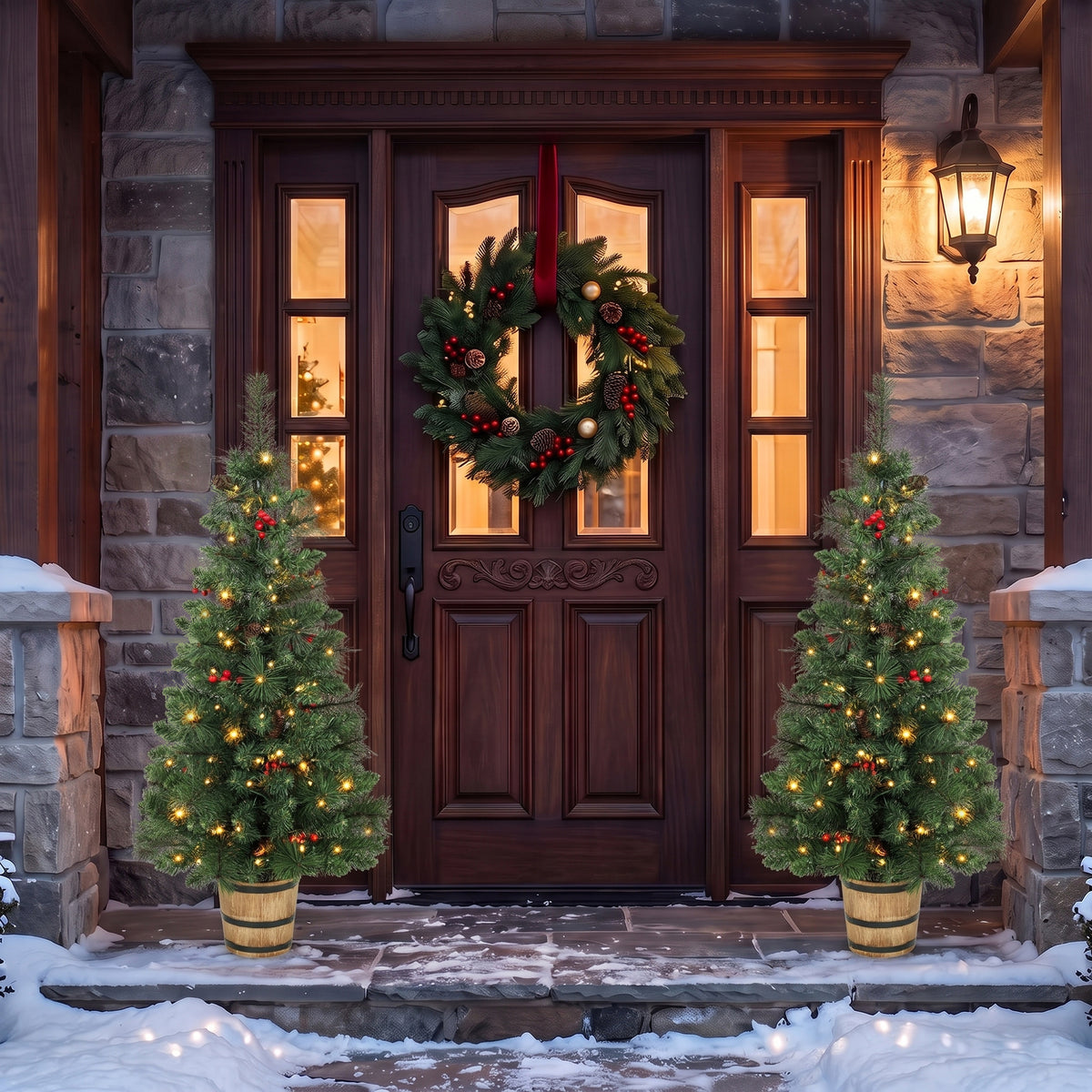 HOMCOM 2 Pcs Prelit Christmas Trees With Dual-colour Lights, Red Berry, 4ft
