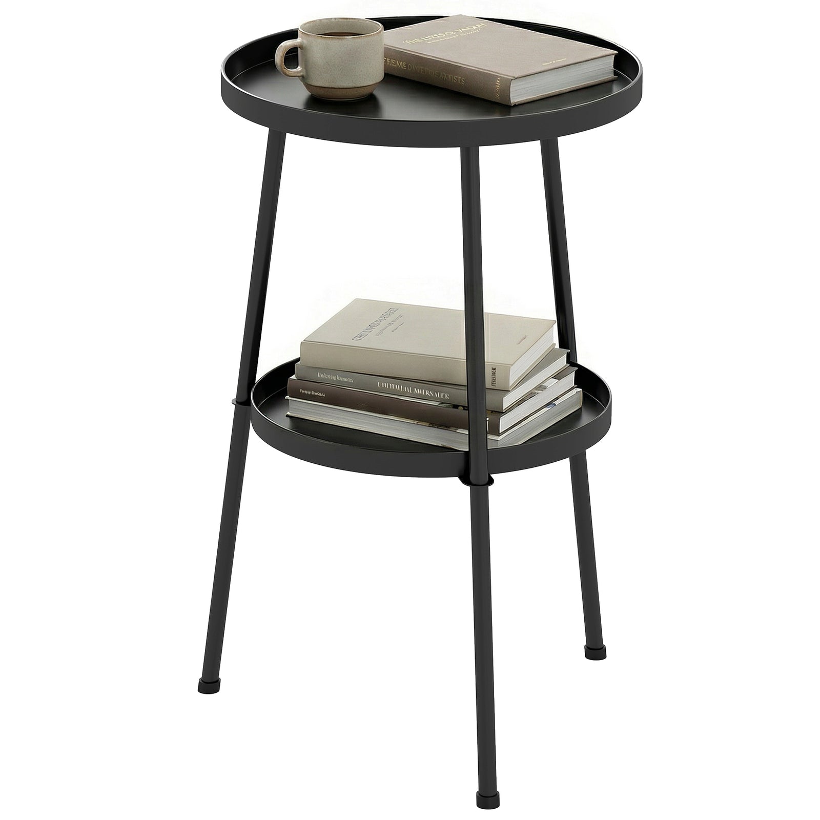Patio Side Table, 2-tier Round Coffee End Table | Black