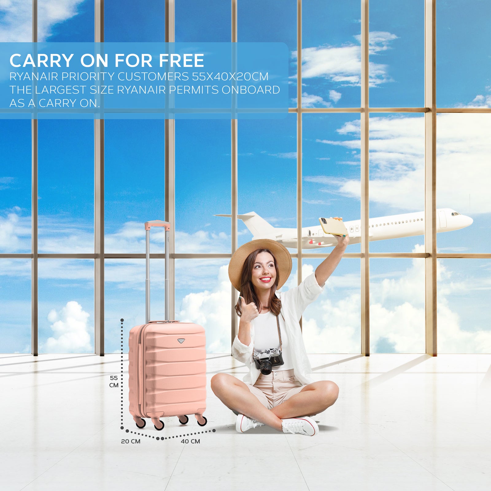 55x40x20cm Lightweight Luggage Hard Shell Cabin Suitcase 60+ Airlines Approved - Carry On Case - 4 Wheels | 55 x 40 x 20cm | Rose Gold