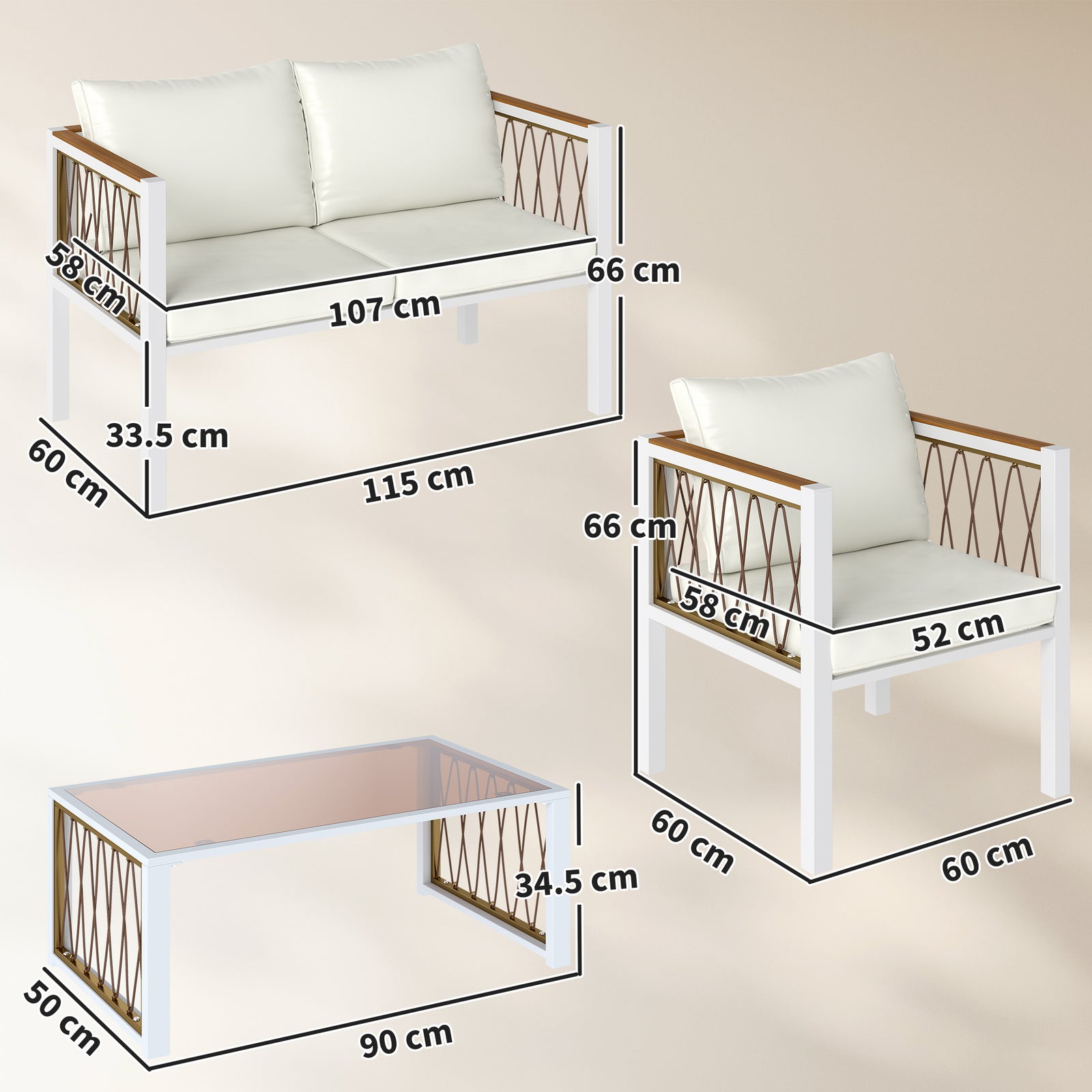 4 Seater Rattan Garden Furniture Set With Metal Frame, Cream White