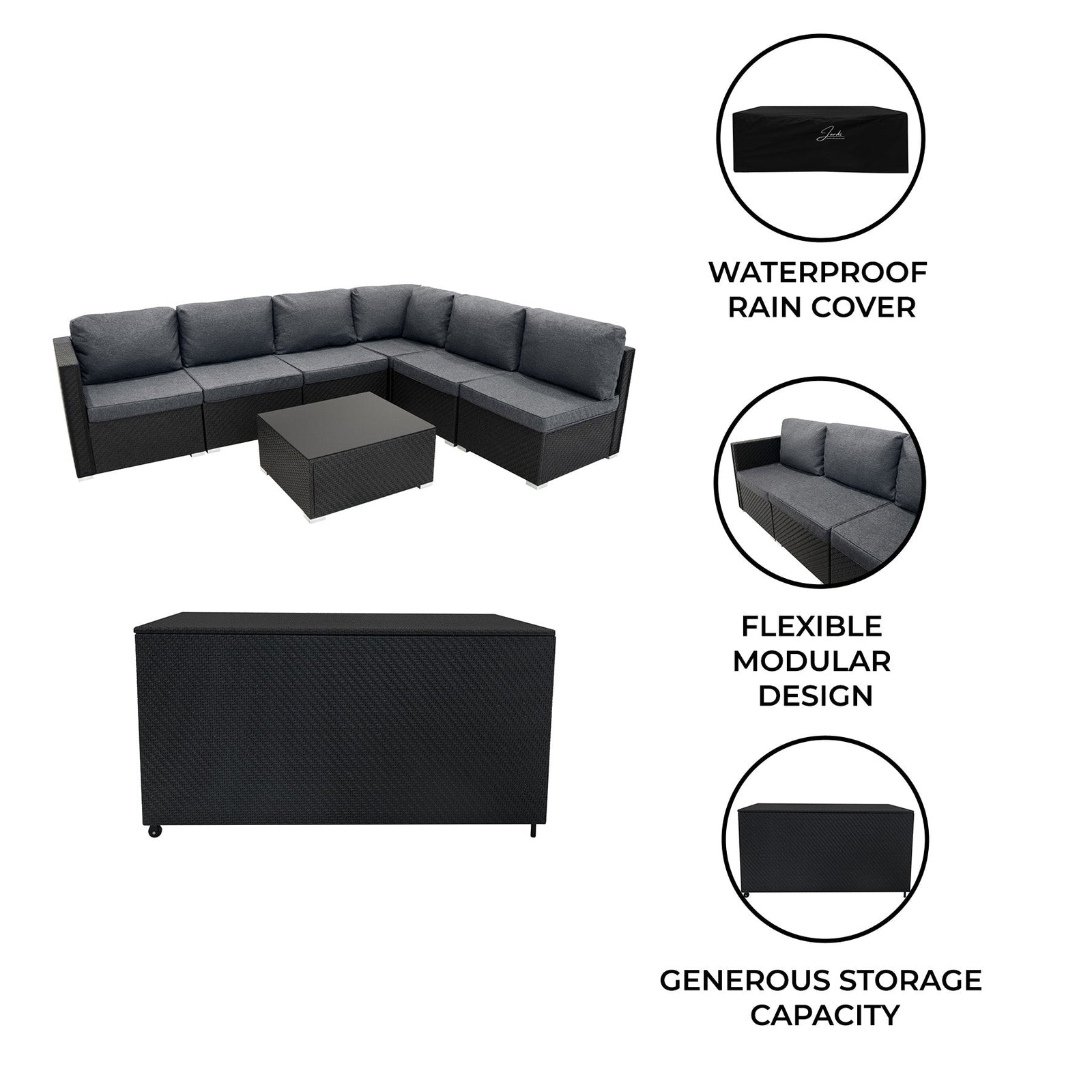 Rattan Modular 7 Piece Furniture Set & 700l Storage Box | Black