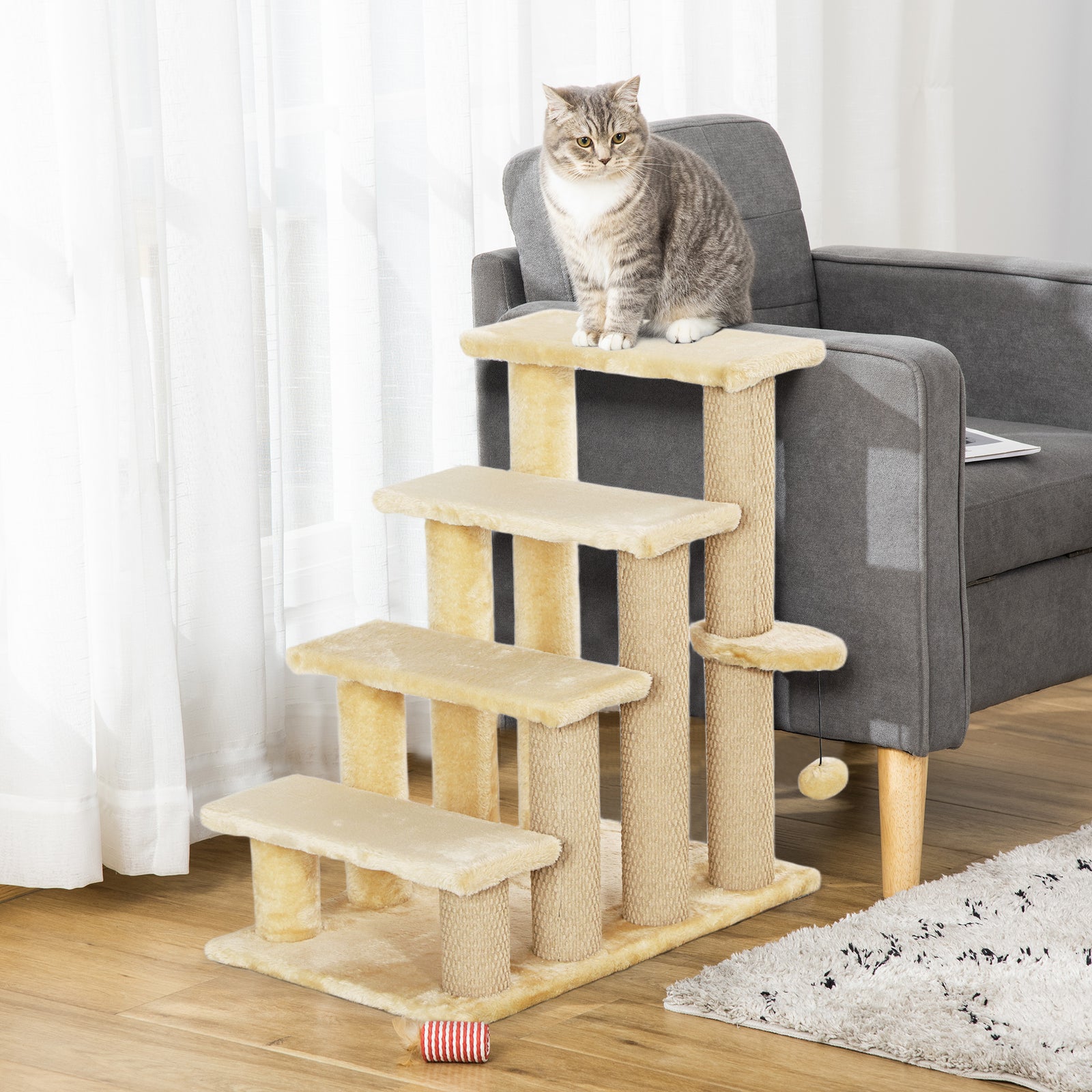 PawHut Pet Stairs With 4-step Stair, Scratching Posts, Platforms, Toy Ball
