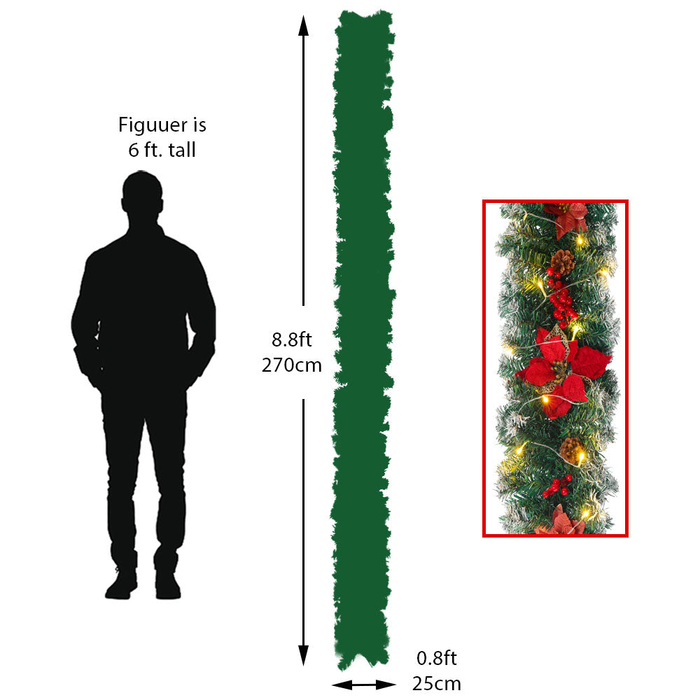 270cm Spruce Artificial Greenery Christmas Garland With 50 Led Warm White Lights | Red