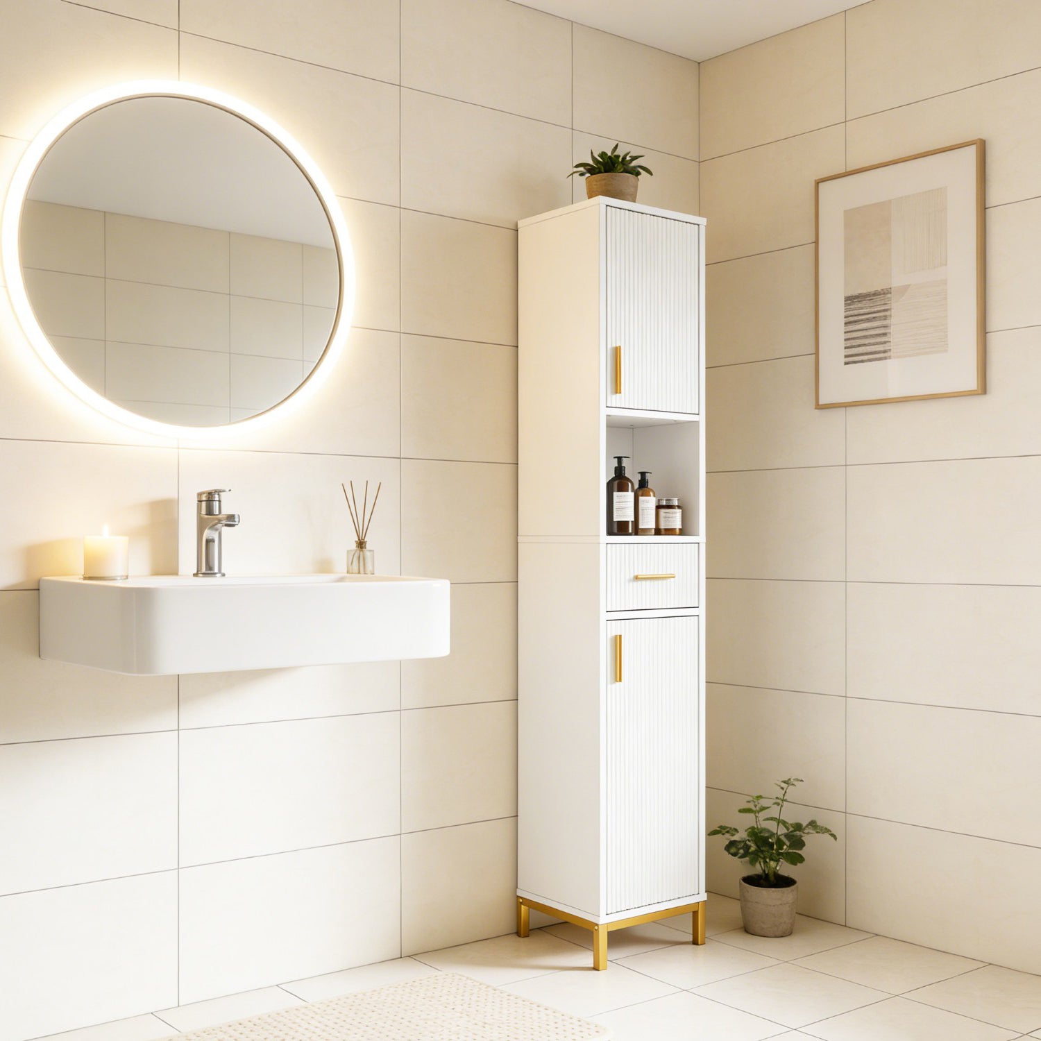 HYGRAD BUILT TO SURVIVE Slim Bathroom Tall Storage Cabinet – Freestanding Floor Cupboard With 2 Doors, 5 Shelves & Drawer