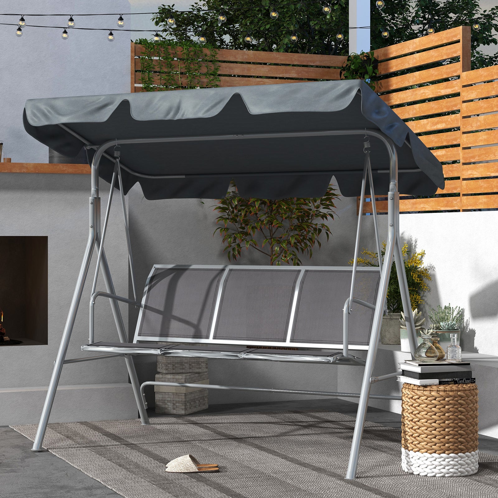 3 Seater Metal Swing Chair Patio Bench With Canopy Dark Grey