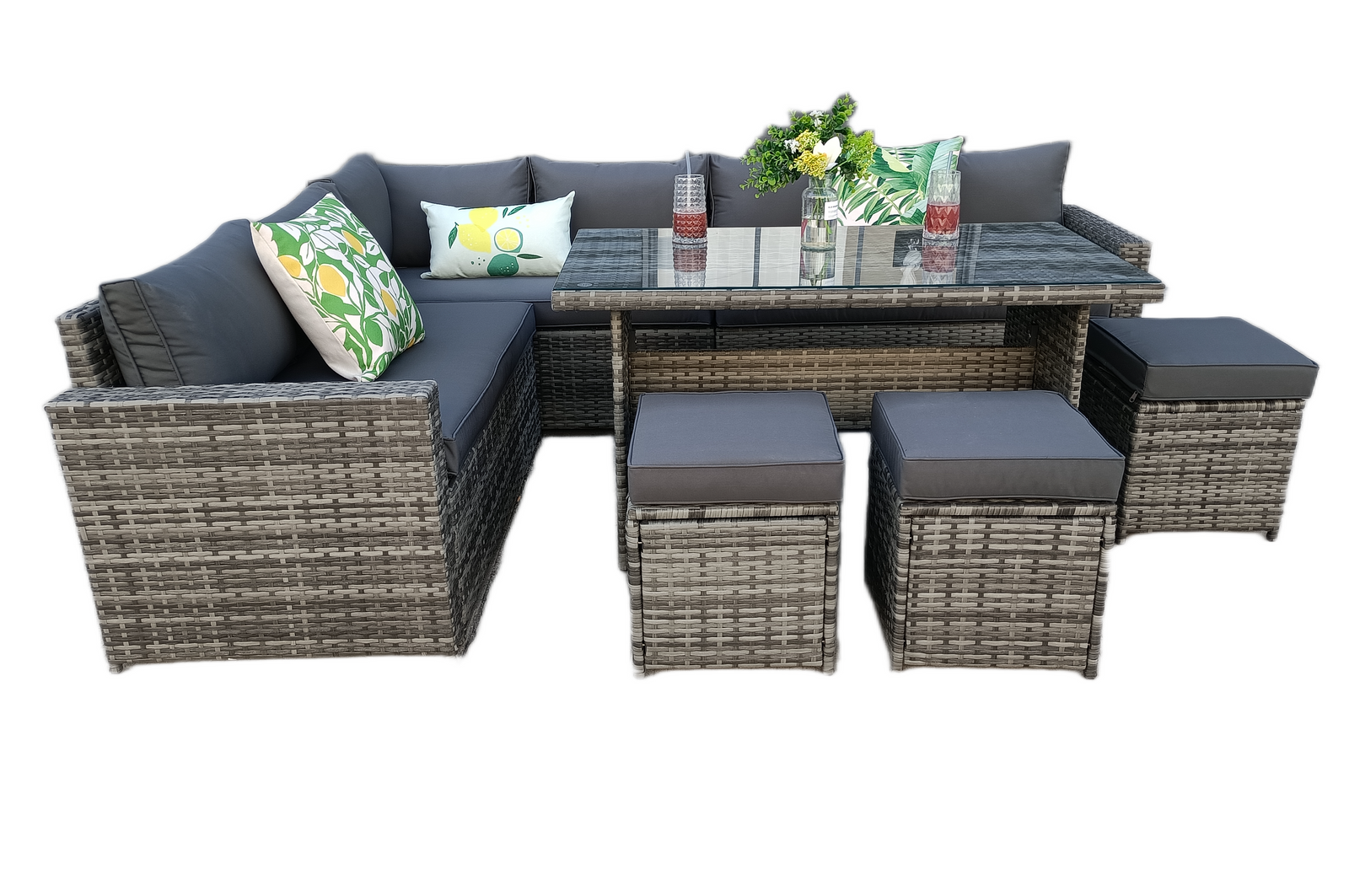 The Tarporley Grey 9 Seat Corner Rattan Dining Set - Fixed Table