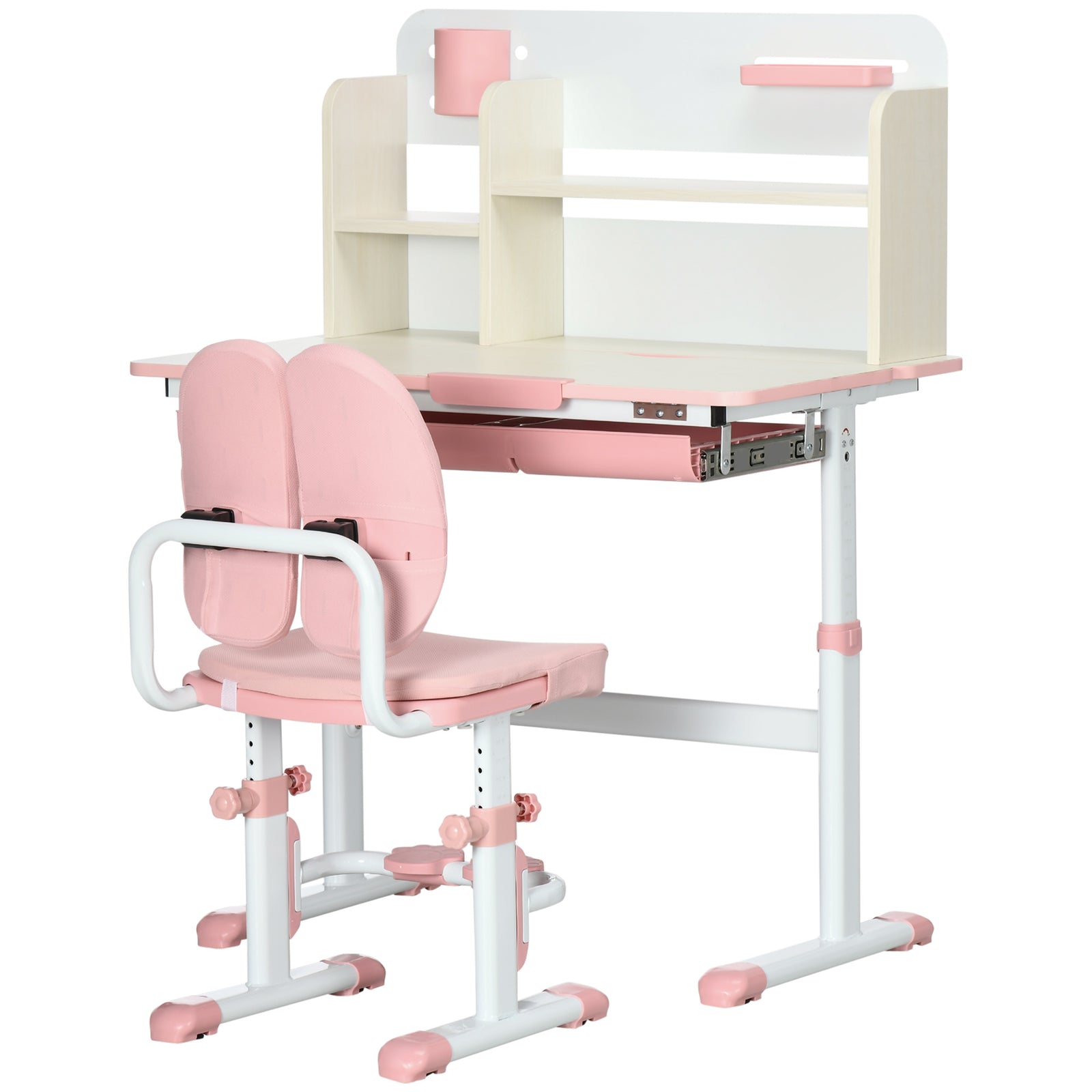 Kids Desk And Chair Set With Storage Shelves, Washable Cover | Pink