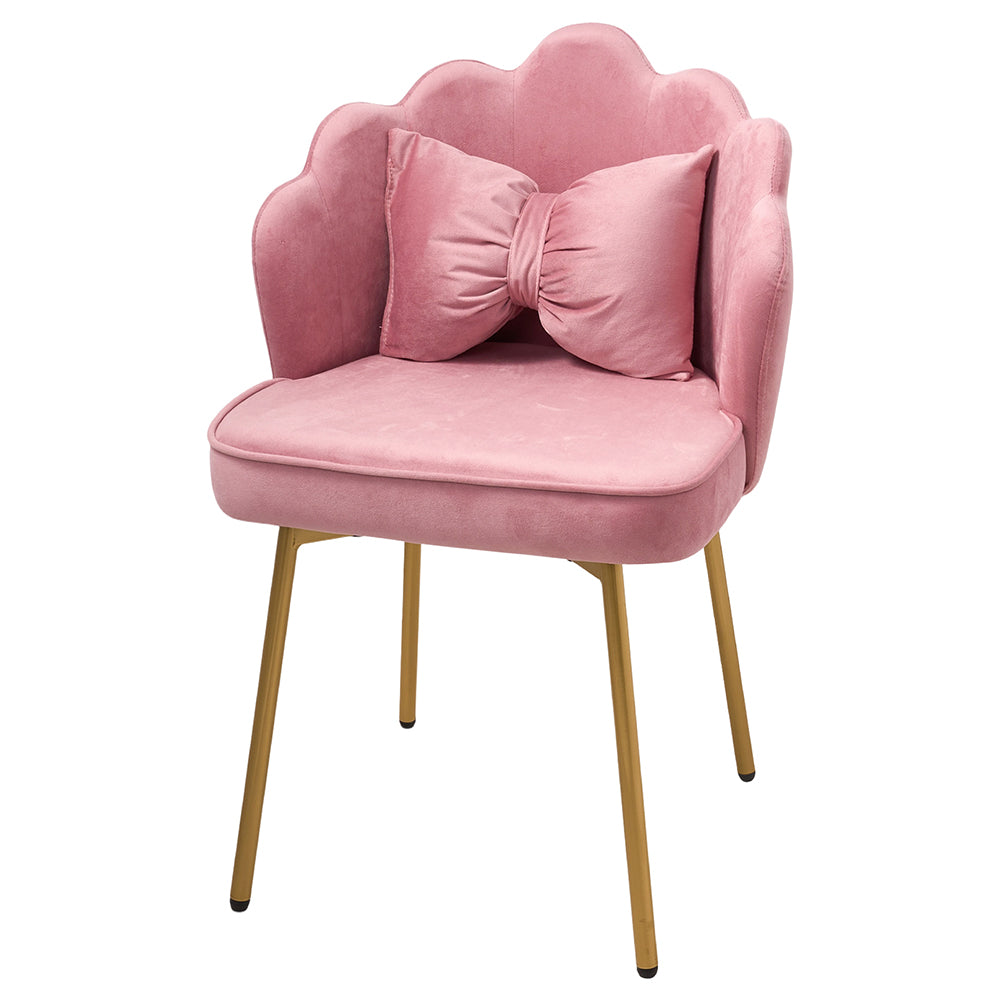 Shell-back Dressing Table Chair With Bow Pillow, Gold Metal Legs, Elegant Vanity Chair For Bedroom | Pink