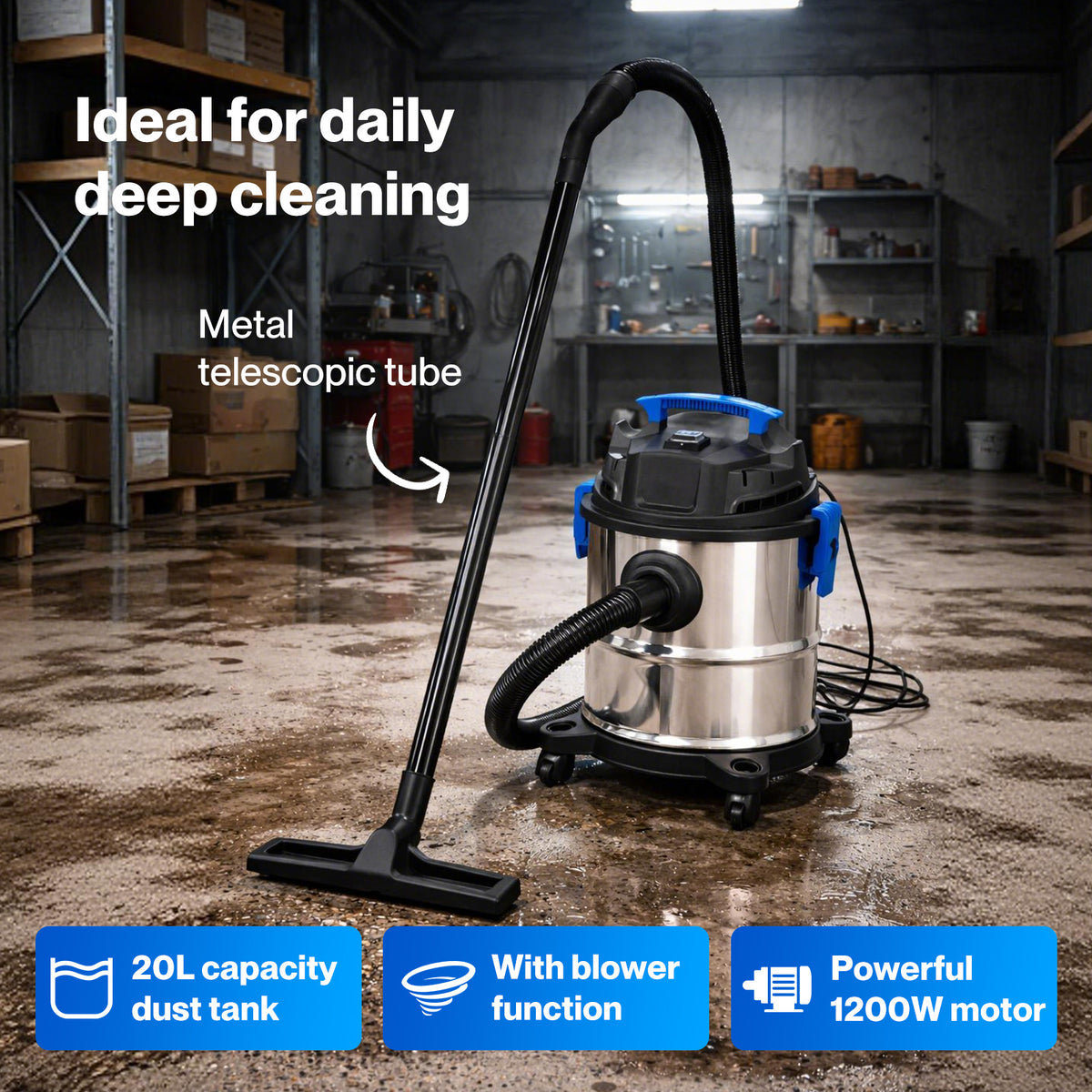 Wet Dry Vacuum Cleaner 20l 1200w Blowing Function Powerful Industrial | Blue