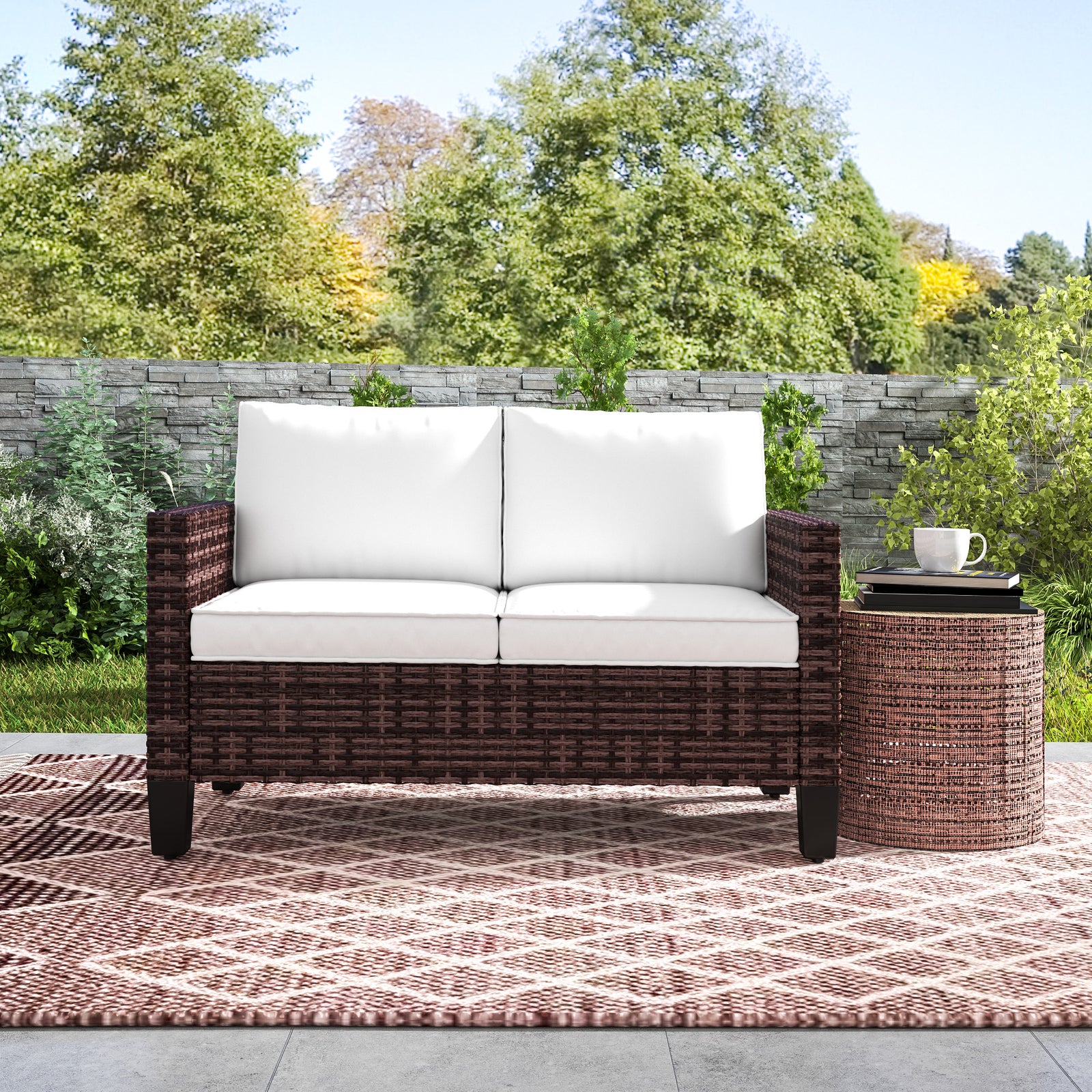 Rattan Sofa W/ Cushions, 2 Seater Garden Furniture | Brown