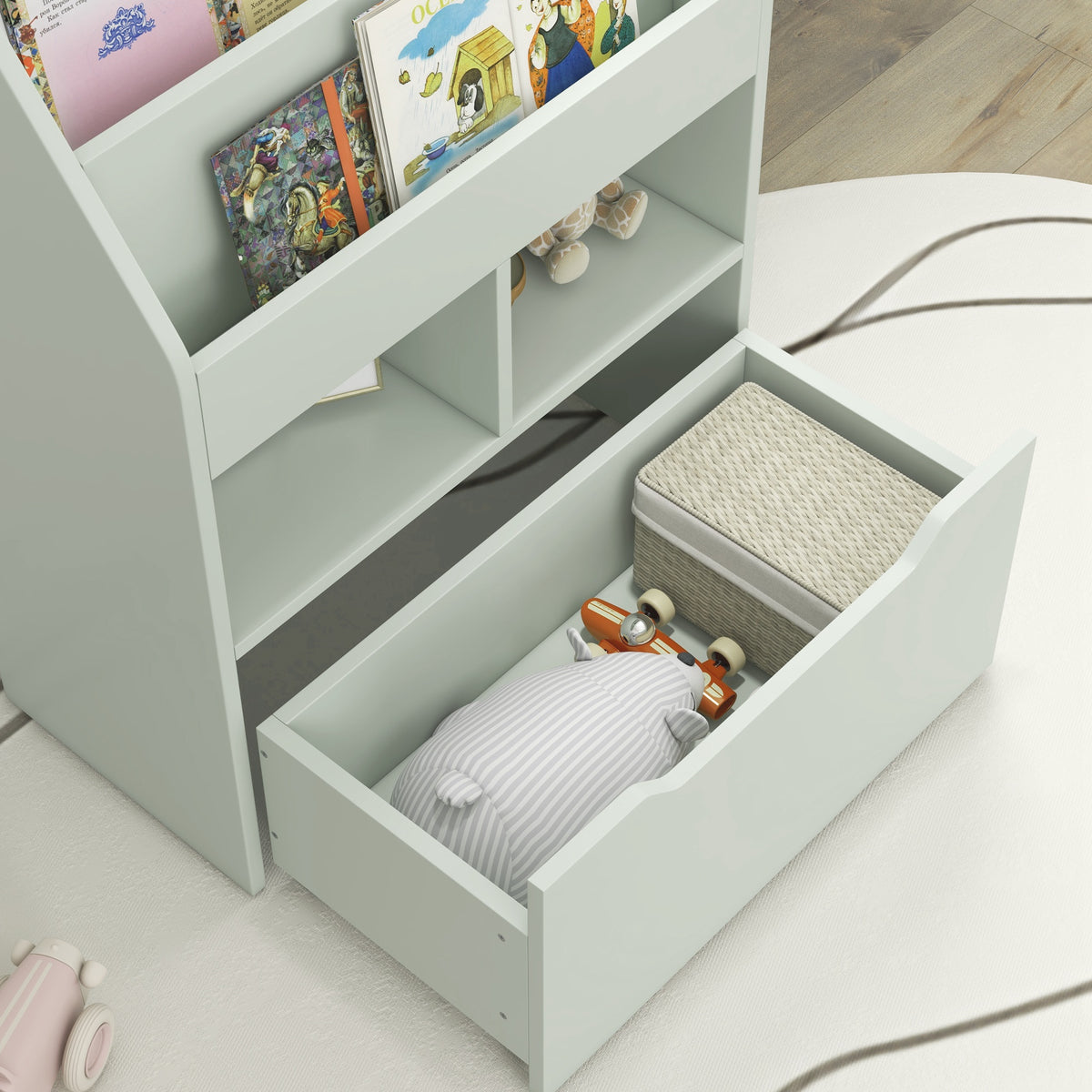 Kids Bookshelf, Toy Box W/ Storage Drawer, Wheels, For Bedroom | Green